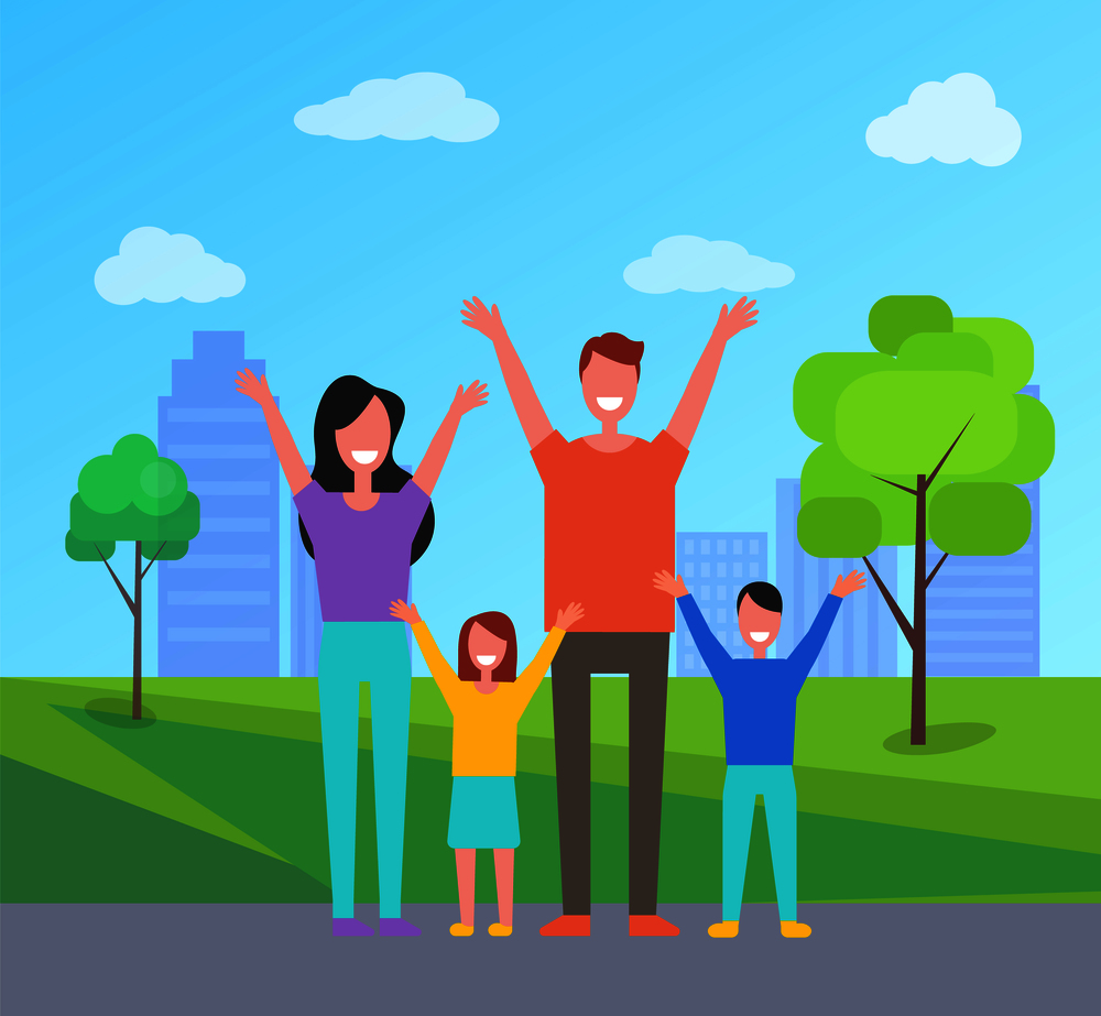 Happy family spend time together. Mother, father, daughter and son rise hands up greeting everyone. Smiling citizens in city park with buildings, vector. Happy Family Spend Time Together. Mother, Father