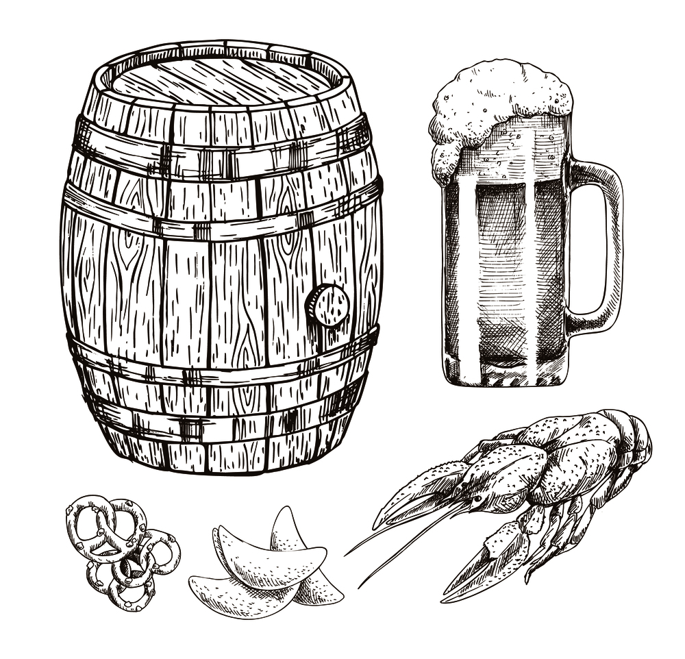 Snack food for beer and wooden alcohol storage isolated on white drawing, vector illustration of oak cask with metal elements and glass of foamy ale. Snack Food for Beer and Wooden Alcohol Storage