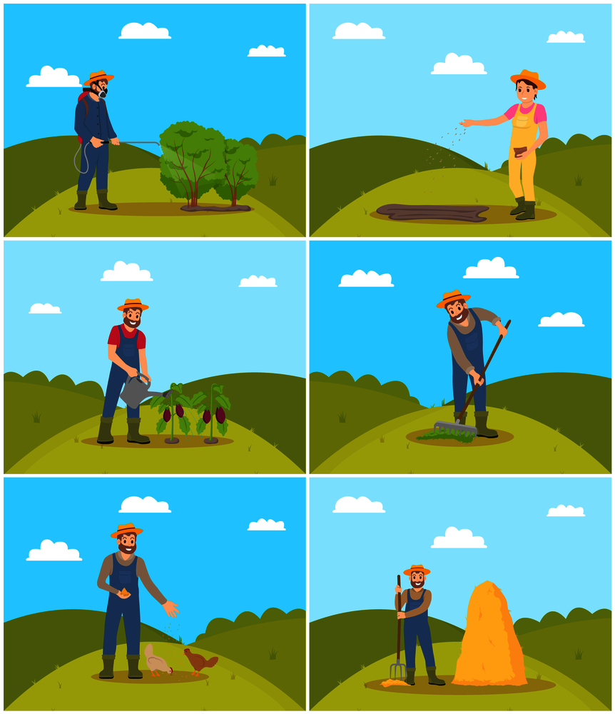 Beekeeper and farming man with rake spreading compost on ground. Chicken feeding, piglet hens tending. Tractor and lorry agricultural machines vector. Beekeeper and Farming Man Vector Illustration