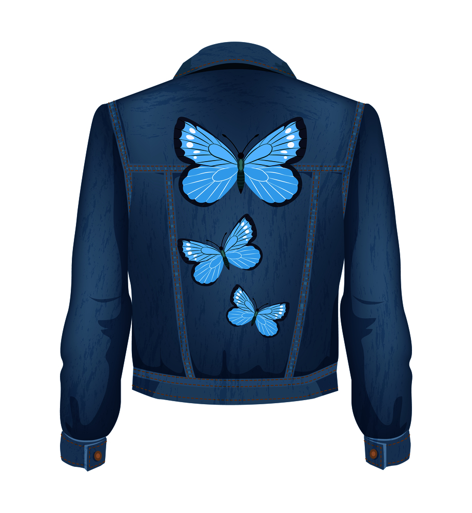 Jeans jacket with patches of blue flying butterflies. Clothes shirt for women clothing fashion. Denim material with winged insect vector illustration. Jeans Jacket with Patches Vector Illustration