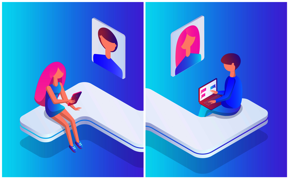 Male and female profiles in social medias set vector. Teenage boy and girl chatting with each other. People spending time online, laptop and tablet. Male and Female Profiles Set Vector Illustration