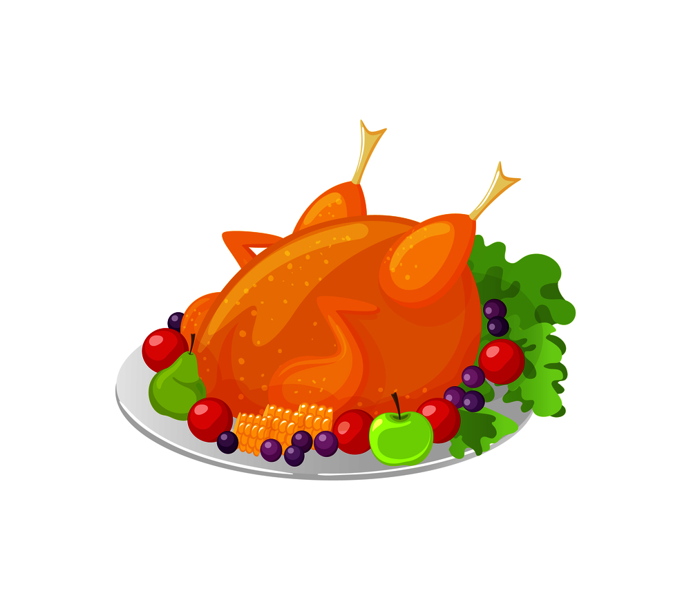Turkey Thanksgiving traditional meat dish isolated icon vector. Meal served with apple, leaves and berries, tomatoes and grapes. Fruits vitamins food. Turkey Thanksgiving Traditional Dish Icon Vector