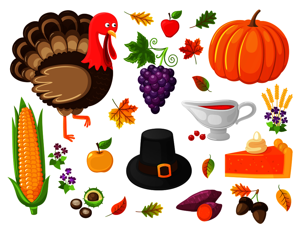 Turkey and pumpkin, products and food isolated icons thanksgiving day vector. Hat and corn, cake and grapes, flower and wheat, acorn and chestnut. Turkey and Pumpkin Products Thanksgiving Vector