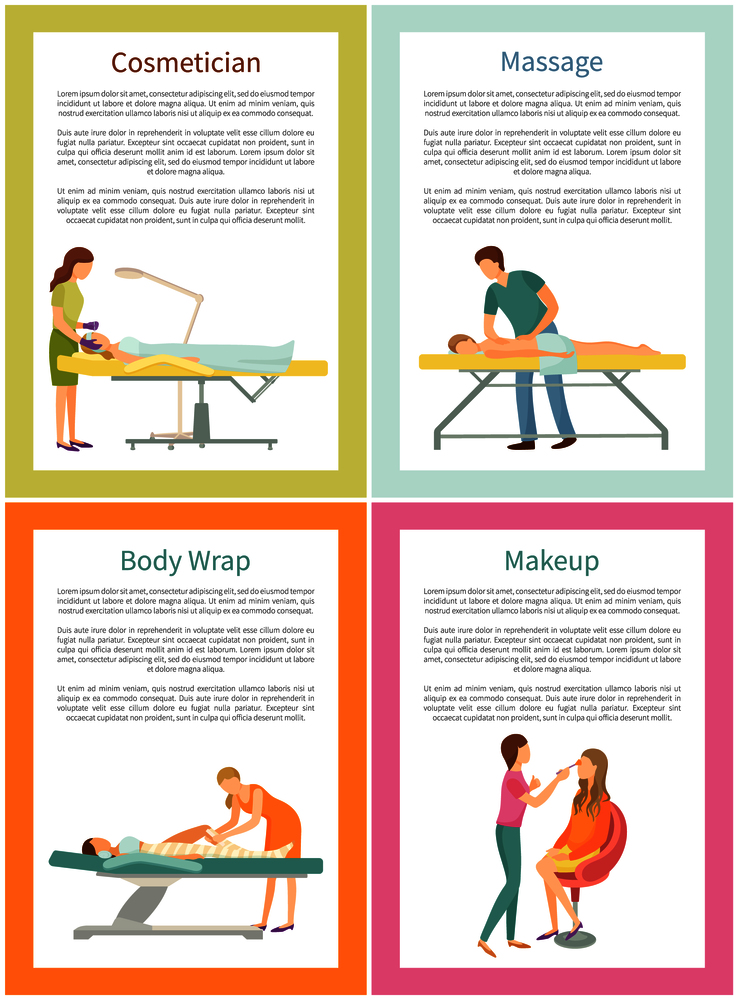 Cosmetician face procedure and massage by experienced masseur. Posters set with text sample, beauty industry, visage and body wrap service vector. Cosmetician Face Procedure and Massage Vector