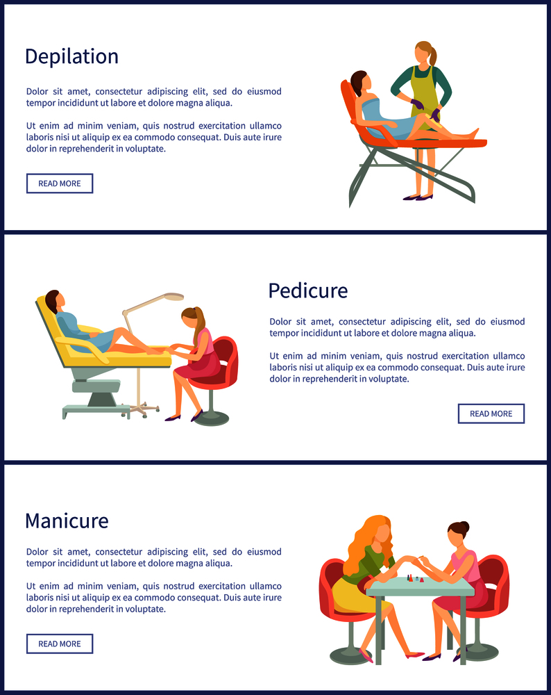 Pedicure and manicure procedures, posters set with text vector. Nail polishing of fingernails and toes, manicurist and pedicurist. Depilation with wax. Pedicure and Manicure Procedures Posters Vector