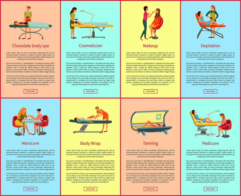 Chocolate body spa and cosmetician, tanning and pedicure posters set with text sample. hair styling, manicure and depilation with wax service vector. Chocolate Spa and Cosmetician Posters Set Vector