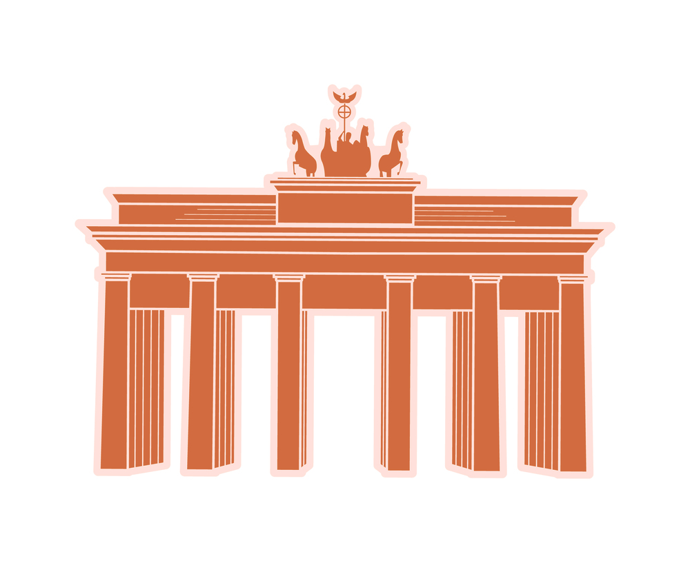 Great Triumphal Arch of Germany travel sticker. Berlin landmark or sight, construction with horses and brougham on top vector illustration isolated.. Great Triumphal Arch of Germany Travel Sticker