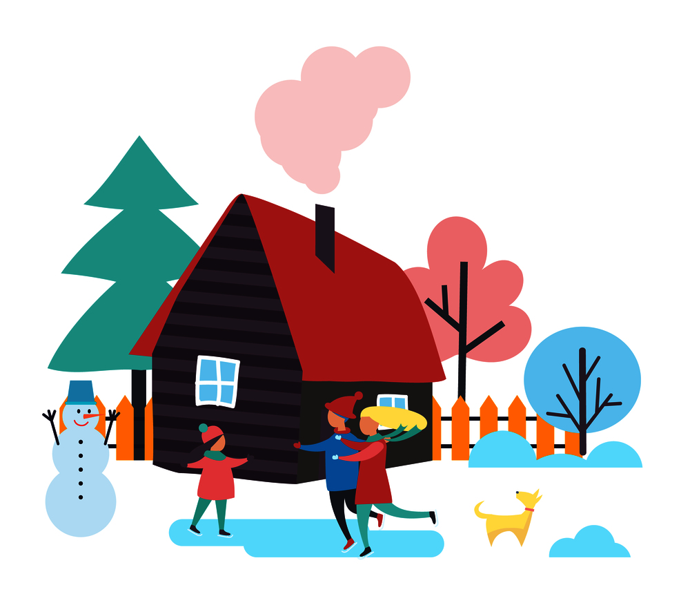 Trees and houses, winter season people spending time outdoor vector. Family of mother, father and child skating on ice. Built snowman with bucket. Trees and Houses, Winter Season People Vector