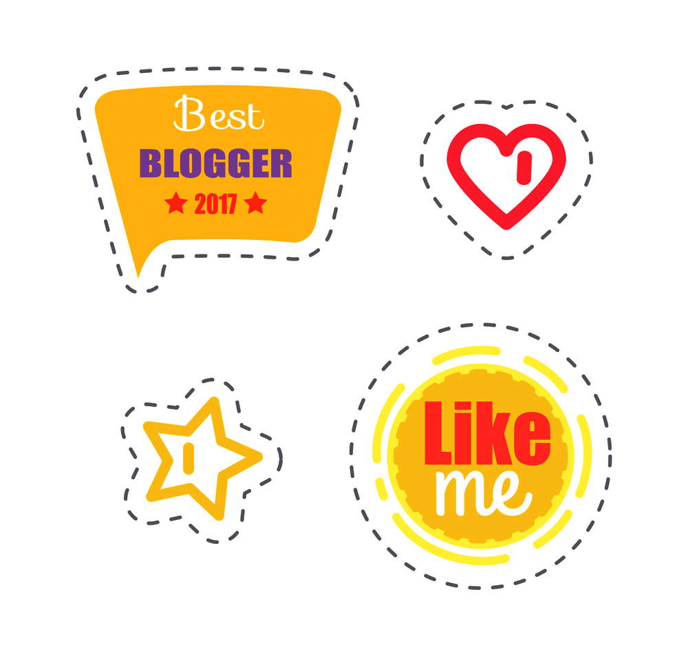 Like me and best blogger award isolated stickers set vector. Patches and icons of heart popularity sign and star. Thought bubble and chatting box. Like Me and Best Blogger Award Sticker Vector