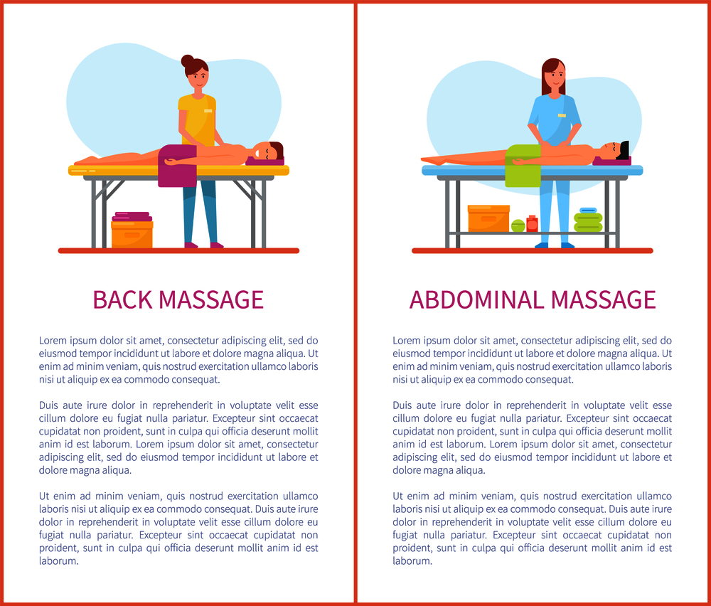 Back and abdominal care massage posters with text sample vector. Treatment and therapy done by masseuses, man lying on table with towel and relaxing. Back and Abdominal Care Massage Posters Vector