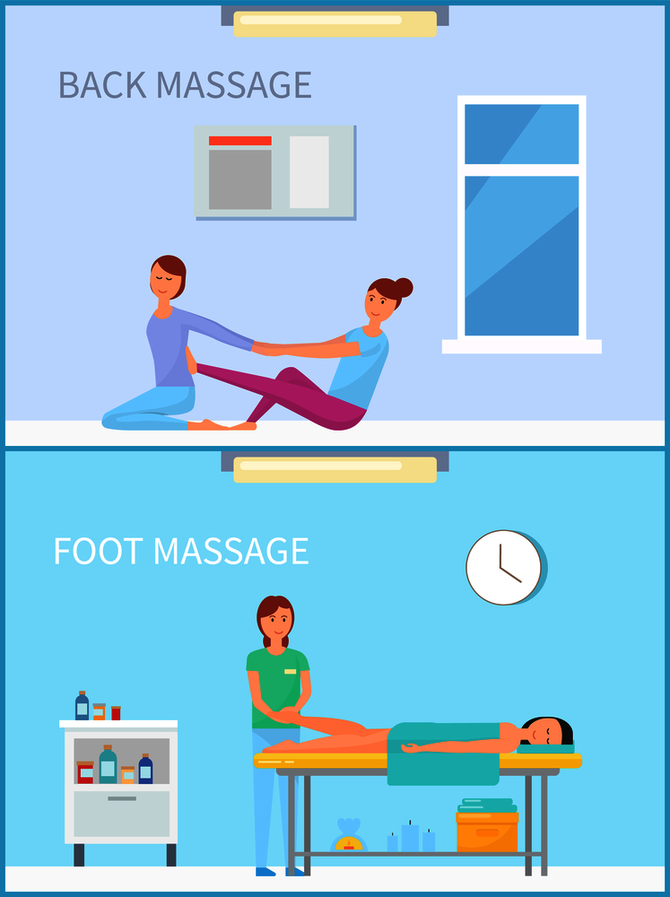 Back and foot treatment in salon done by masseuses. Relaxation and massage methods in room with furniture and special table for people to lay vector. Back Foot Treatment and Massage in Salon Vector