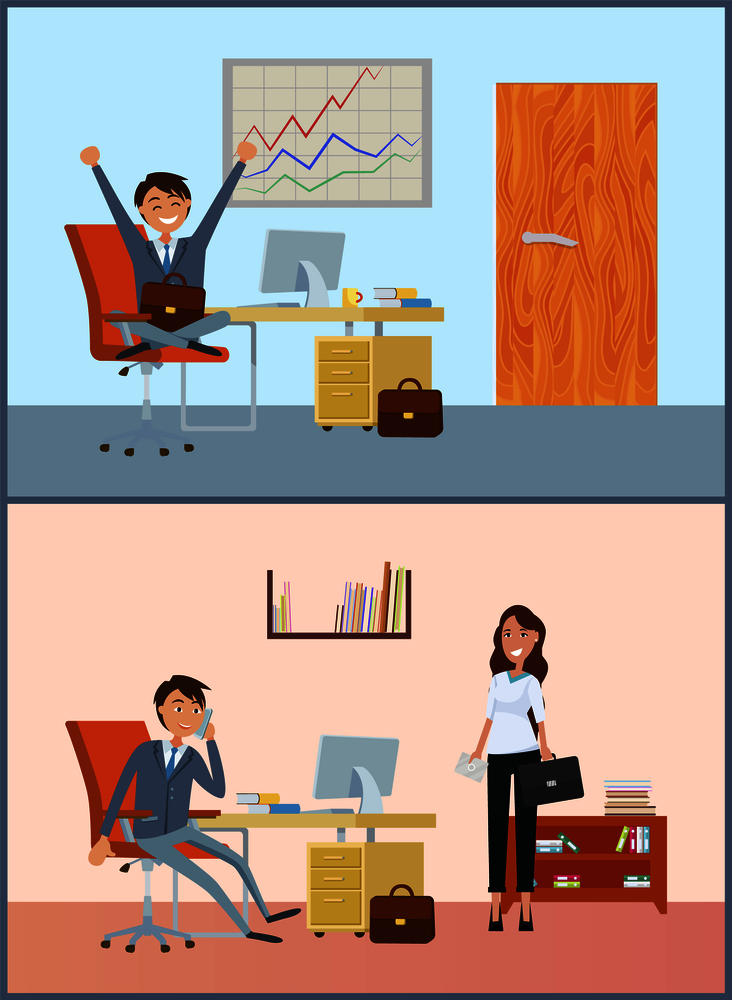 Business room of businessman, client and boss vector. Man talking on phone, woman with briefcase applying to director of company. Manager and lady. Business Room of Businessman, Client and Boss