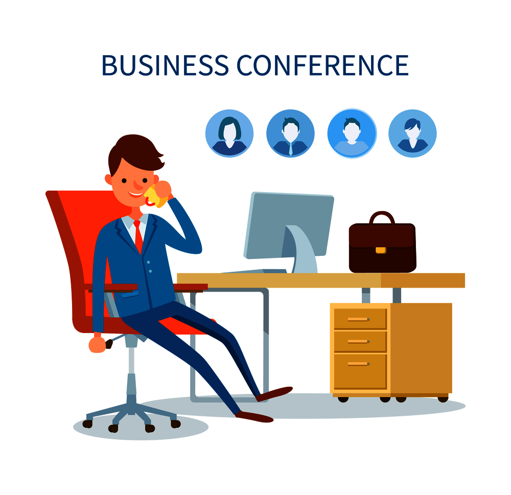 Business conference man talking on phone icons vector. Profiles of clients, customers base of boss. Employer businessman discussing issues on cell. Business Conference Man Talking on Phone Icons