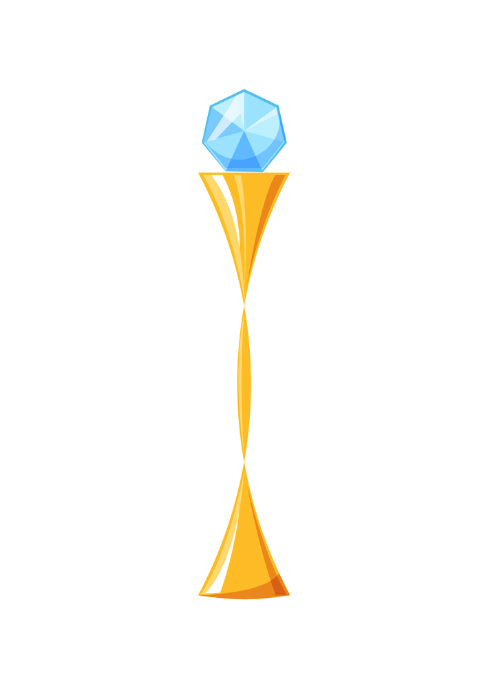 Award made of gold and transparent glass. Diamond on prizes top. Victory reward, trophy with precious stone, icon isolated on vector illustration. Award Made of Gold and Glass Vector Illustration