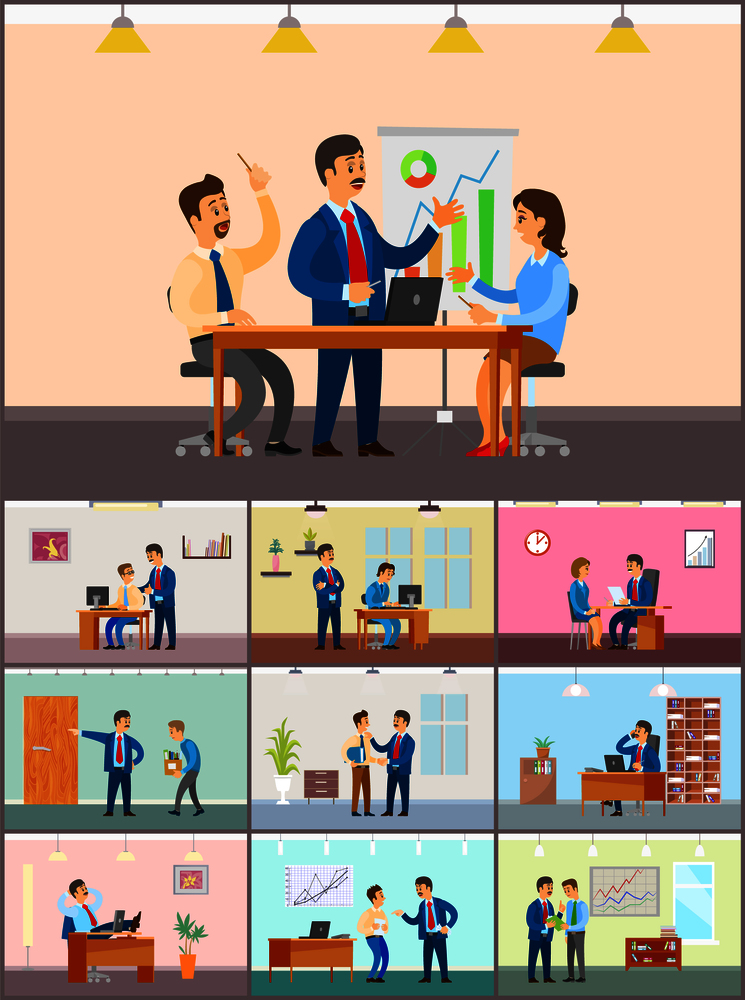 Business meeting in office, teamwork in conference vector. Presentation of boss, recruitment of new personnel. Worker sacked, man fired from work. Business Meeting in Office, Teamwork in Conference