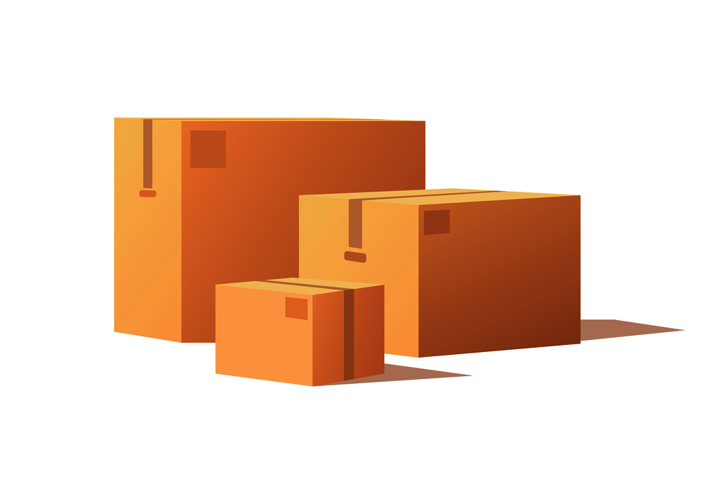 Carton packs vector delivery icons. Pile of parcel boxes, stacked sealed goods in cardboard. Realistic packages with adhesive tape isolated on white.. Carton Packs Vector Delivery Icons. Parcel Boxes