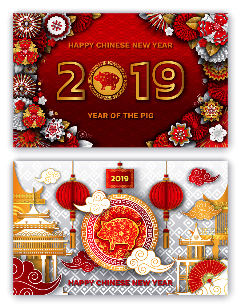 Chinese new year 2018, pig zodiac astrological sign vector. Celebration, traditional symbols, architecture of Chinese, paper lanterns and floral fan. Chinese New year 2018 Pig Zodiac Astrological Sign