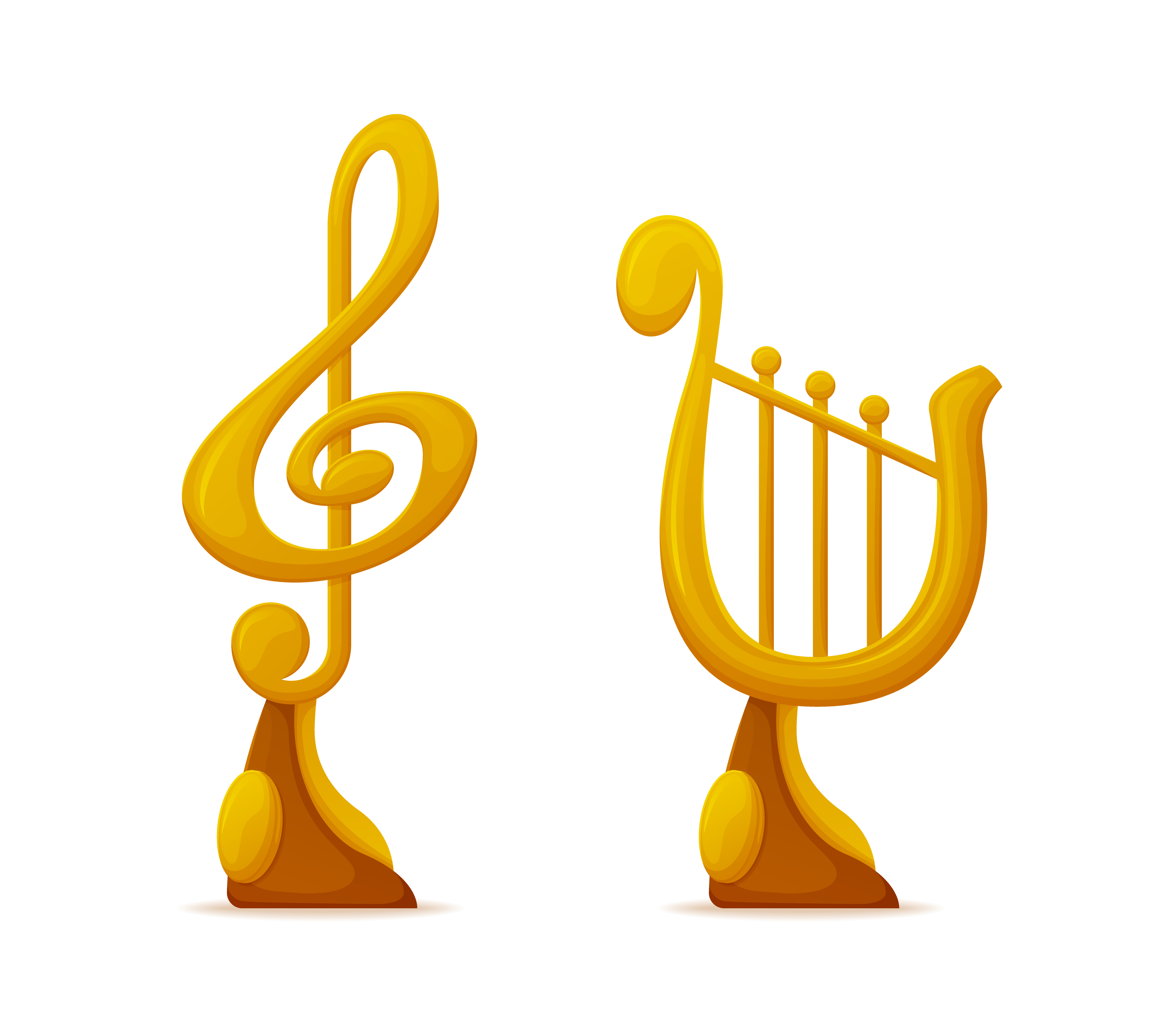 Trophy cups, music award in shape of note and harp vector. Musical art reward for talent and great achievement, melody or song composing, best soundtrack. Music Award in Shape of Note and Harp Trophy Cups