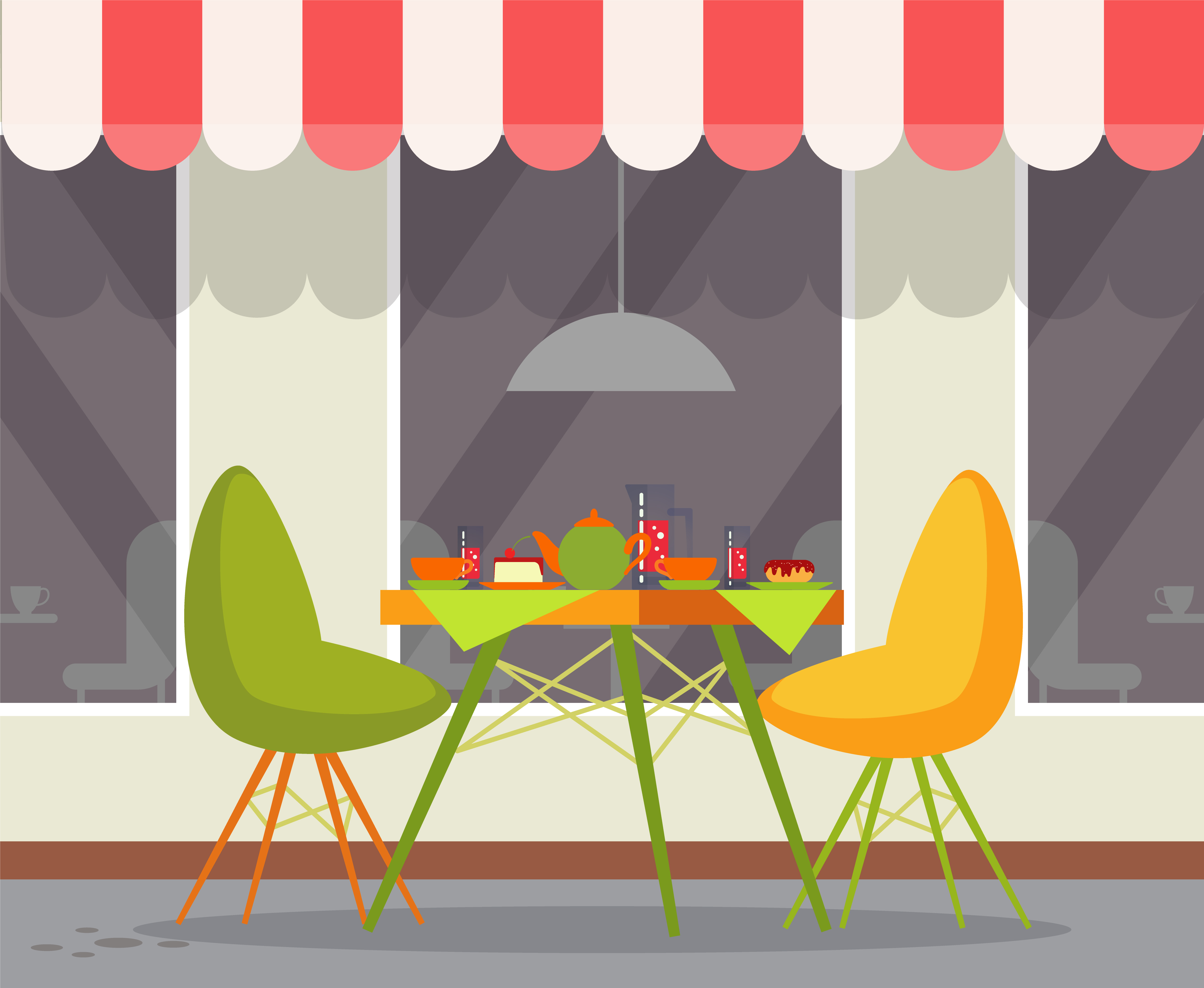 Served table and couple of chairs outdoor. Teapot with cups, cake and donut on plate and glass dishes. Panoramic windows and colorful roof of cafe vector. Served Table and Couple of Chairs Outdoor Vector