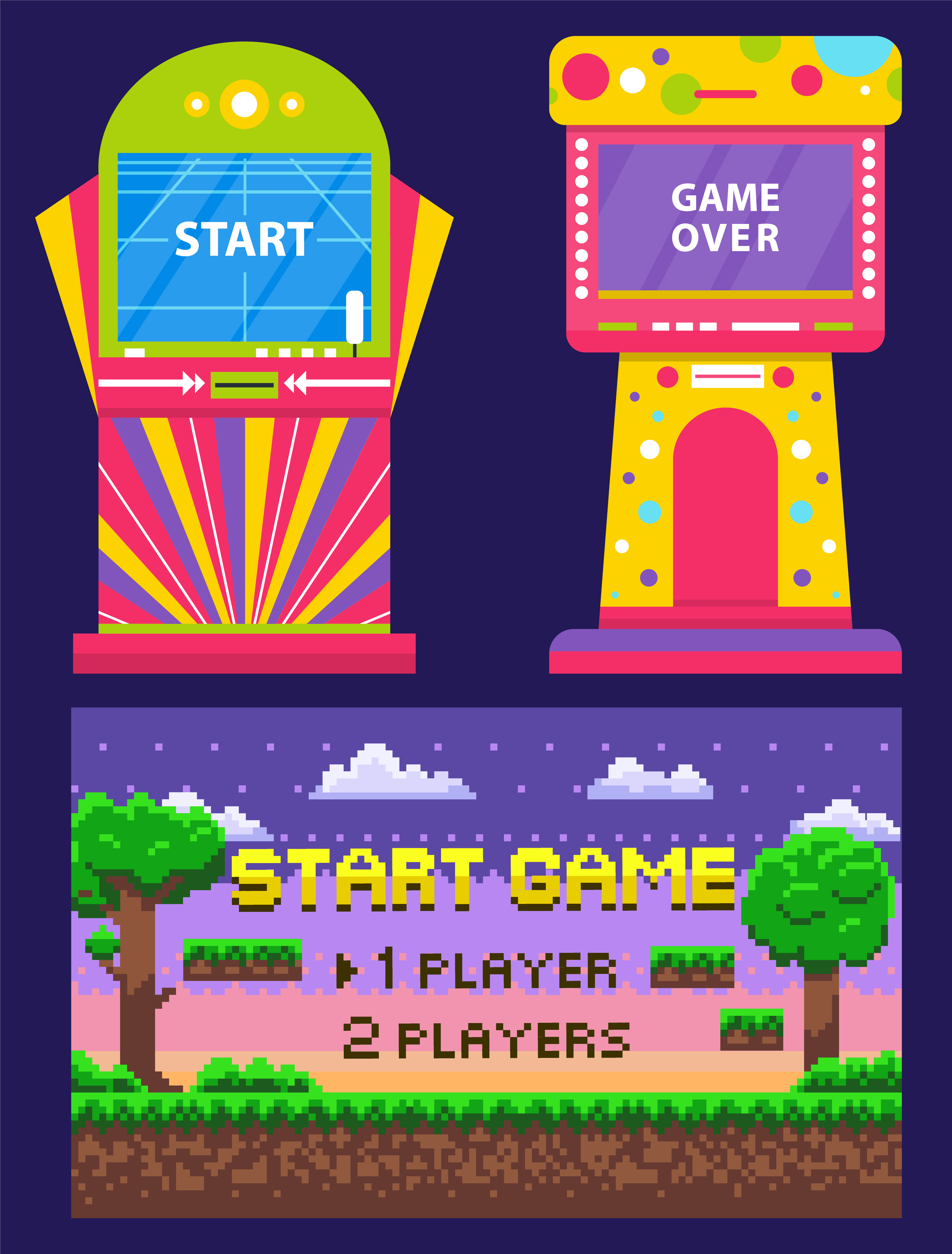 Vintage arcades, colorful retro game machines. Cartoon pixel art nature scene with trees and clouds. Game over or start on screen, vector illustration. Retro Arcade Machine, Game Over and Start Vector