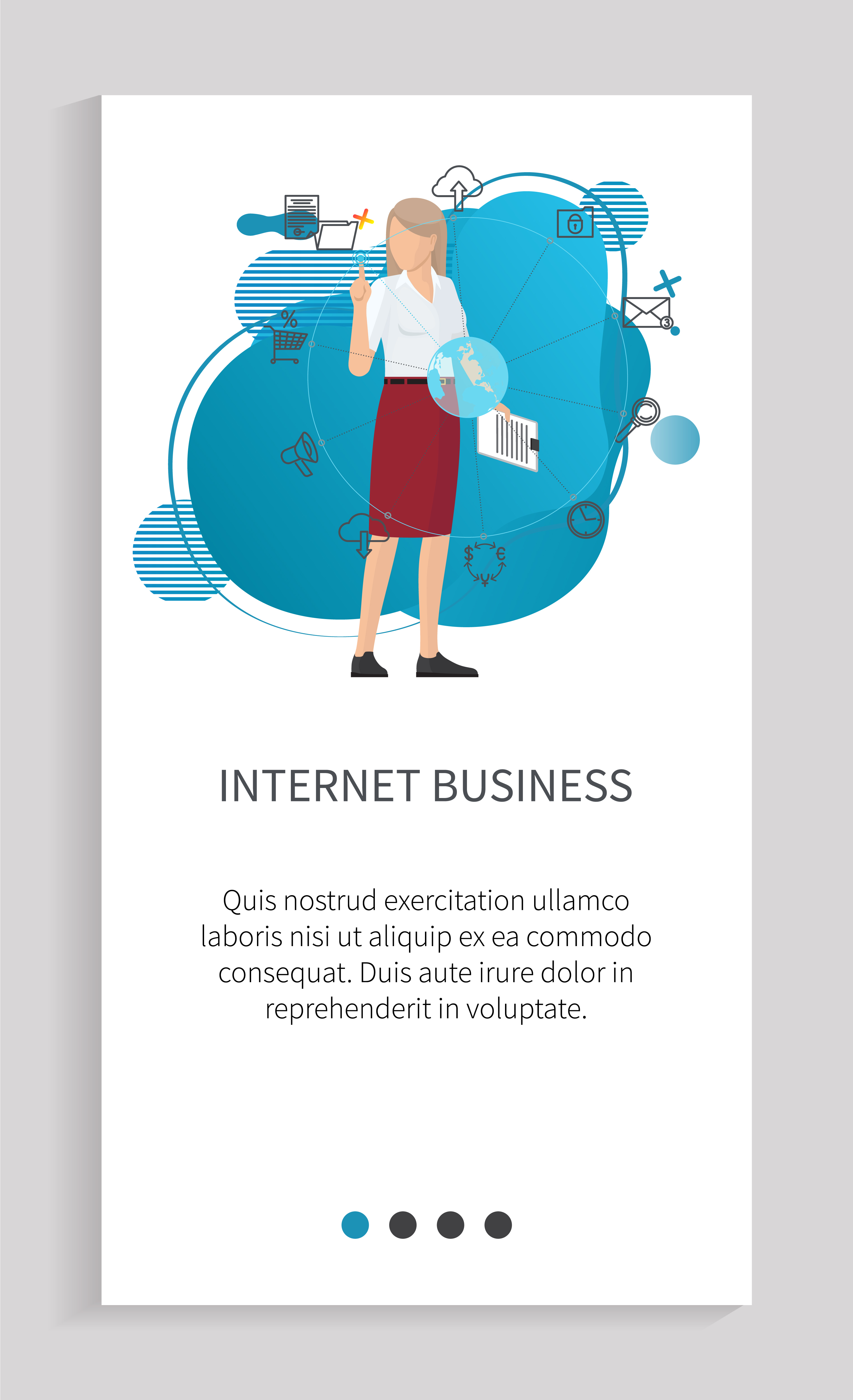 Internet business and globe communication with time, mail and loupe, saving cloud icon, wireless communication, develop innovation, network vector. Website or app slider, landing page flat style. Woman Network Communication, Web Business Vector