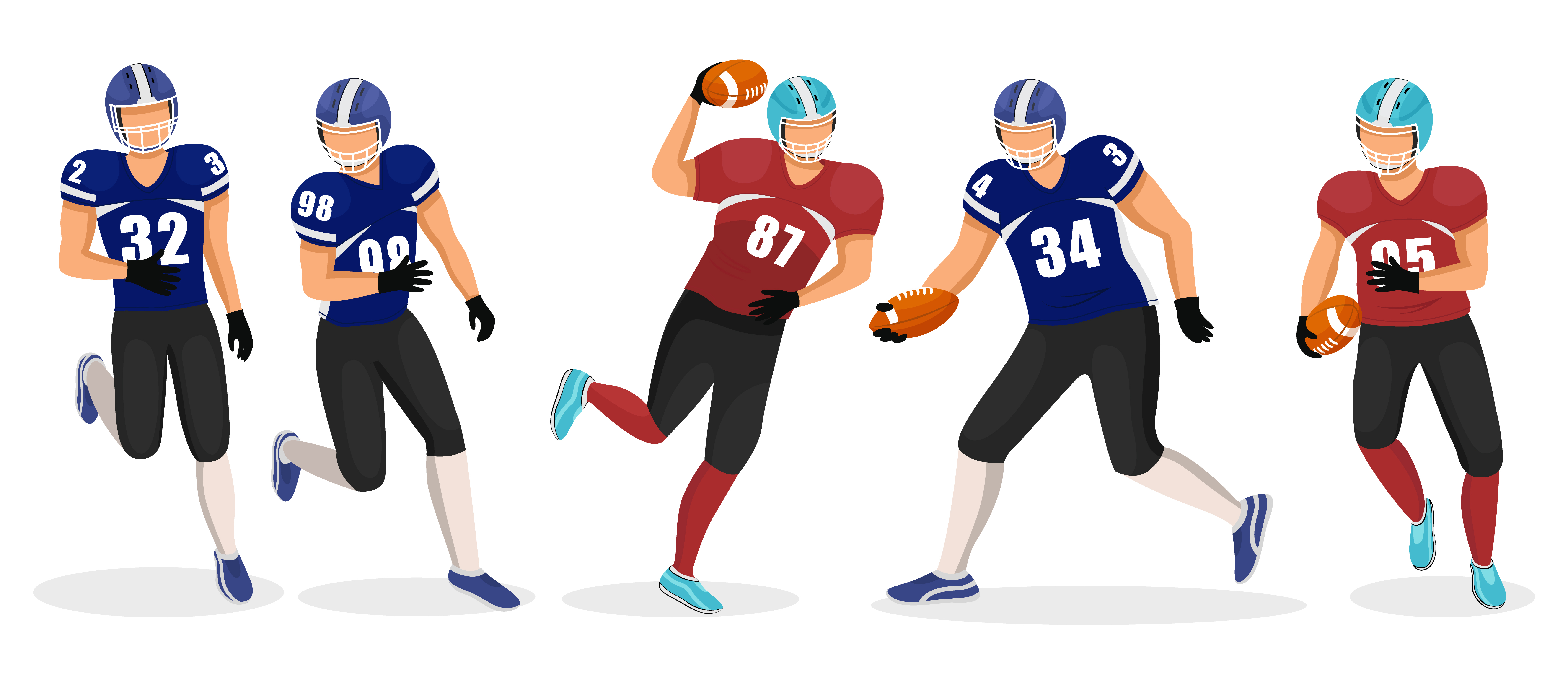 Collection of people playing gridiron in teams. Competition between members. American football players involved in aggressive kind of sports. Running athletes and tossing ball, vector in flat style. Gridiron Players Set, American Football Game Hobby