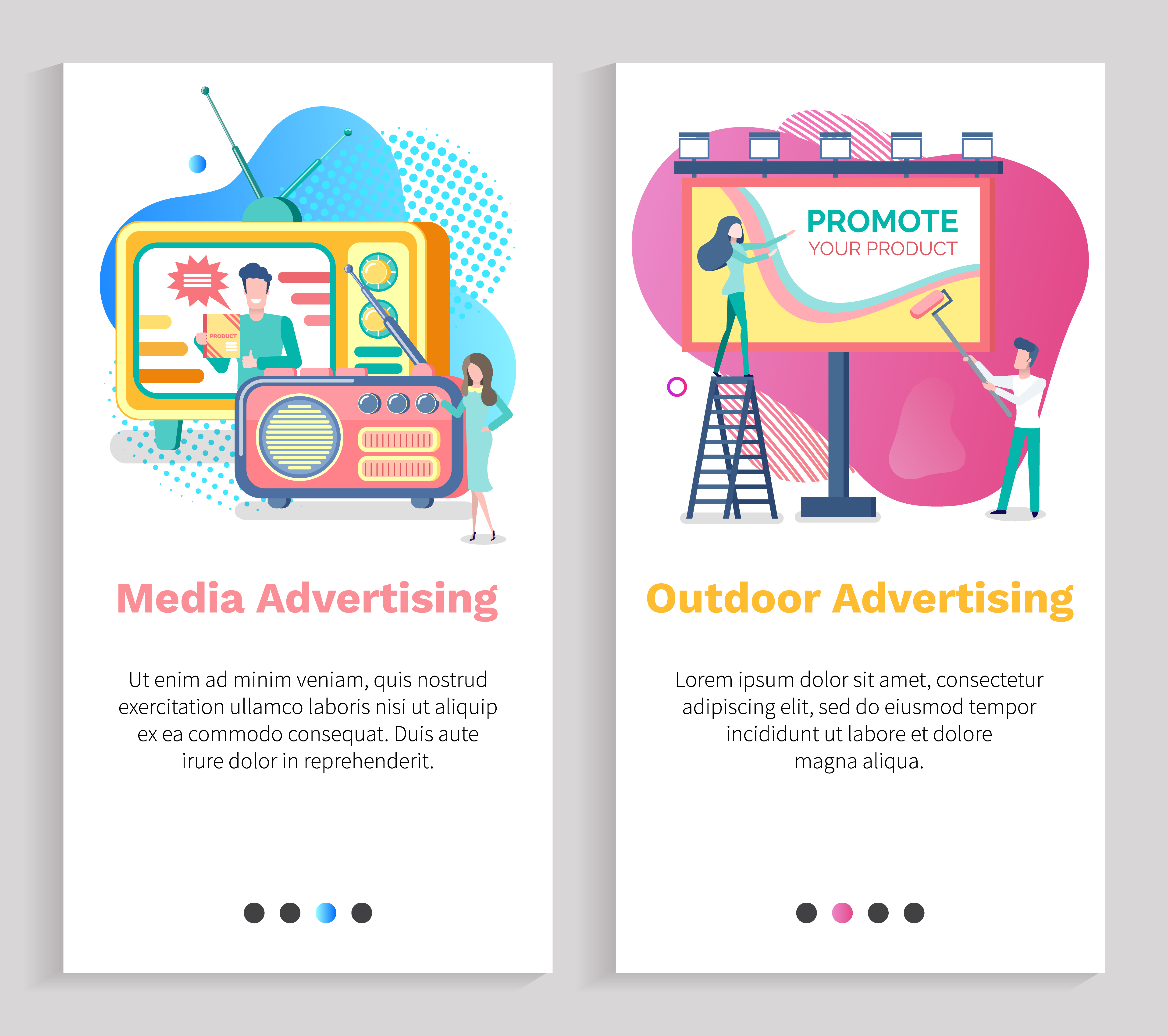 Media advertising vector, outdoor advertisement woman on ladder with billboard, radio and tv set with program on live, host on television. Website or slider app, landing page flat style. Outdoor Advertisement Media Advertising Vector