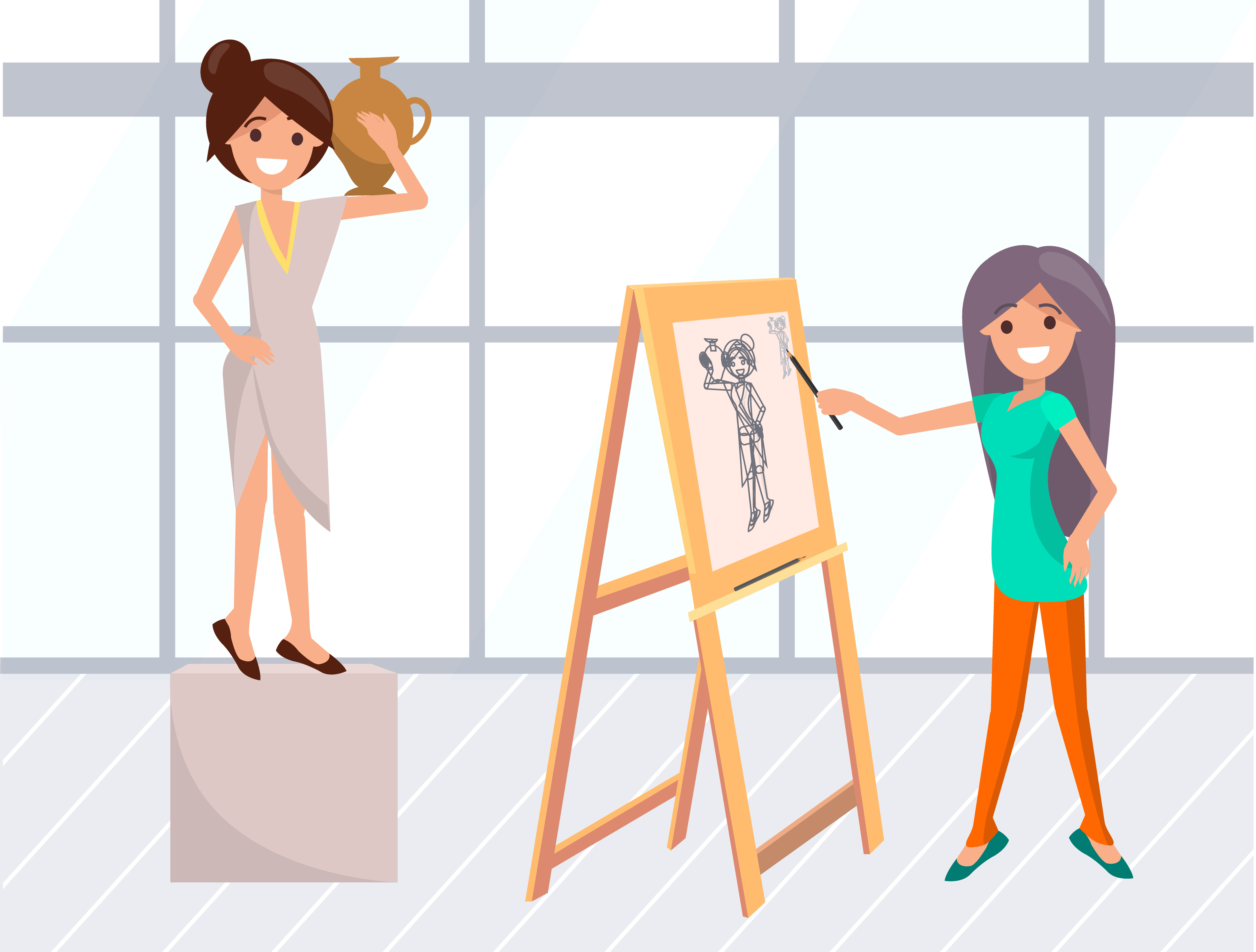 Drawing classes vector, lady painting portrait of model wearing greek dress and holding amphora. Female with paintbrush and easel classes in school. Artist Woman and Posing Model Portrait Classes