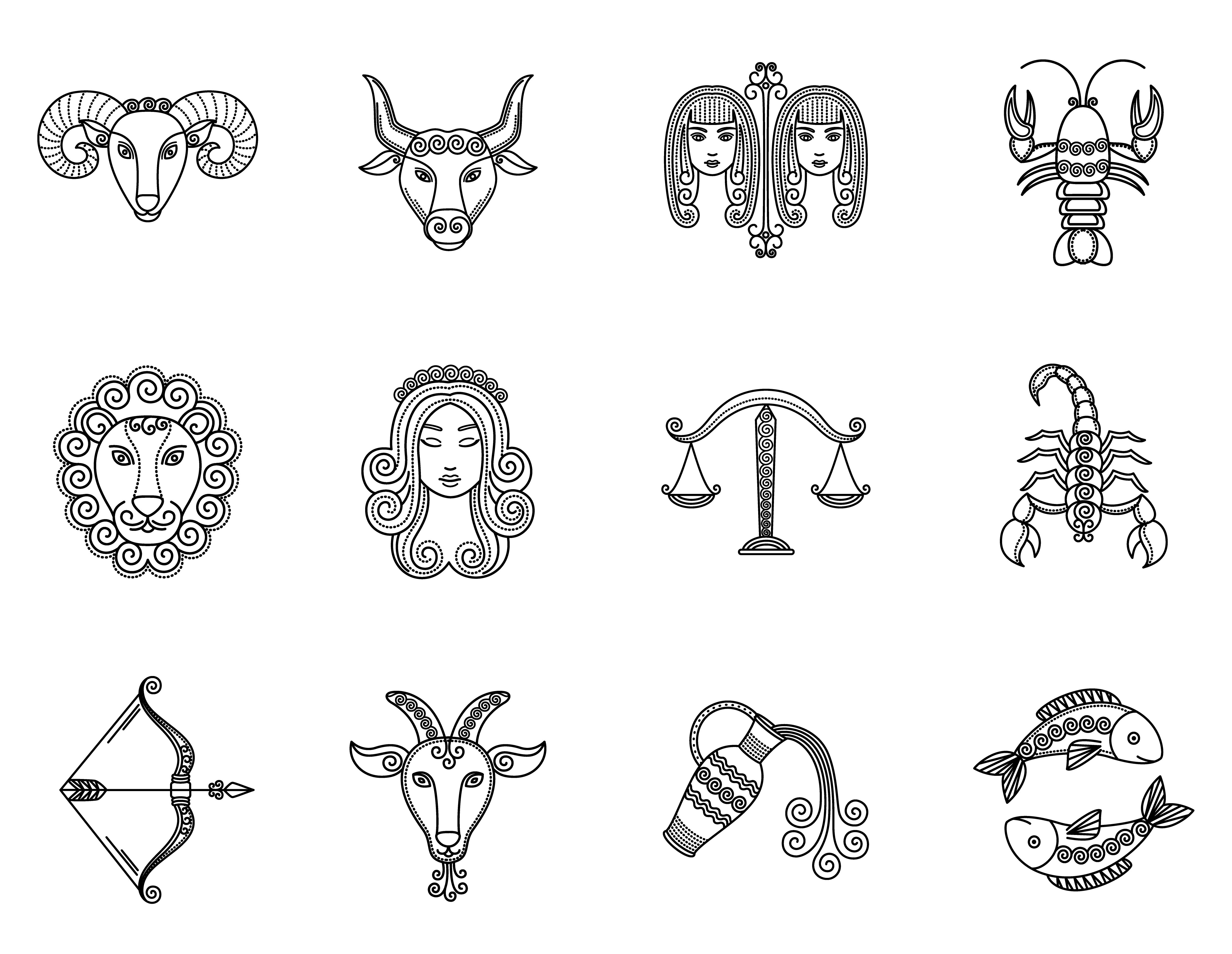 Twelve astrological signs that associated with constellation. Aquarius and gemini, virgo and scorpio, cancer and taurus, aries and libra, leo and pisces, capricort and sagittarius. Vector illustration. Twelve Astrological Signs, Symbols of Zodiacs