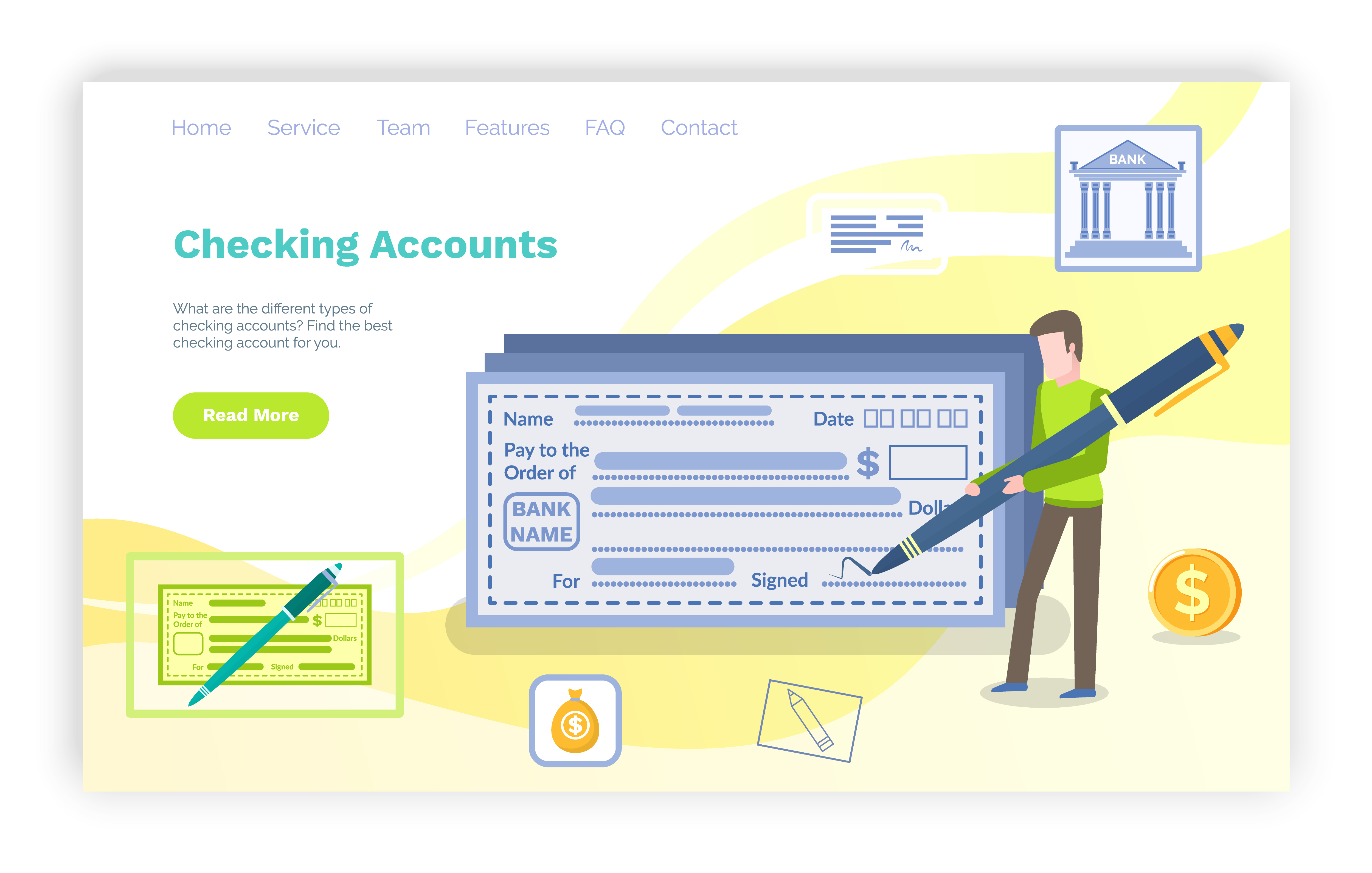 Checking accounts vector, male with pig pen signing bill check, banking institution for money trust. Male with forms and dollars in small bag. Website or webpage template, landing page flat style. Checking Accounts, Rich Man Signing Bill Banking
