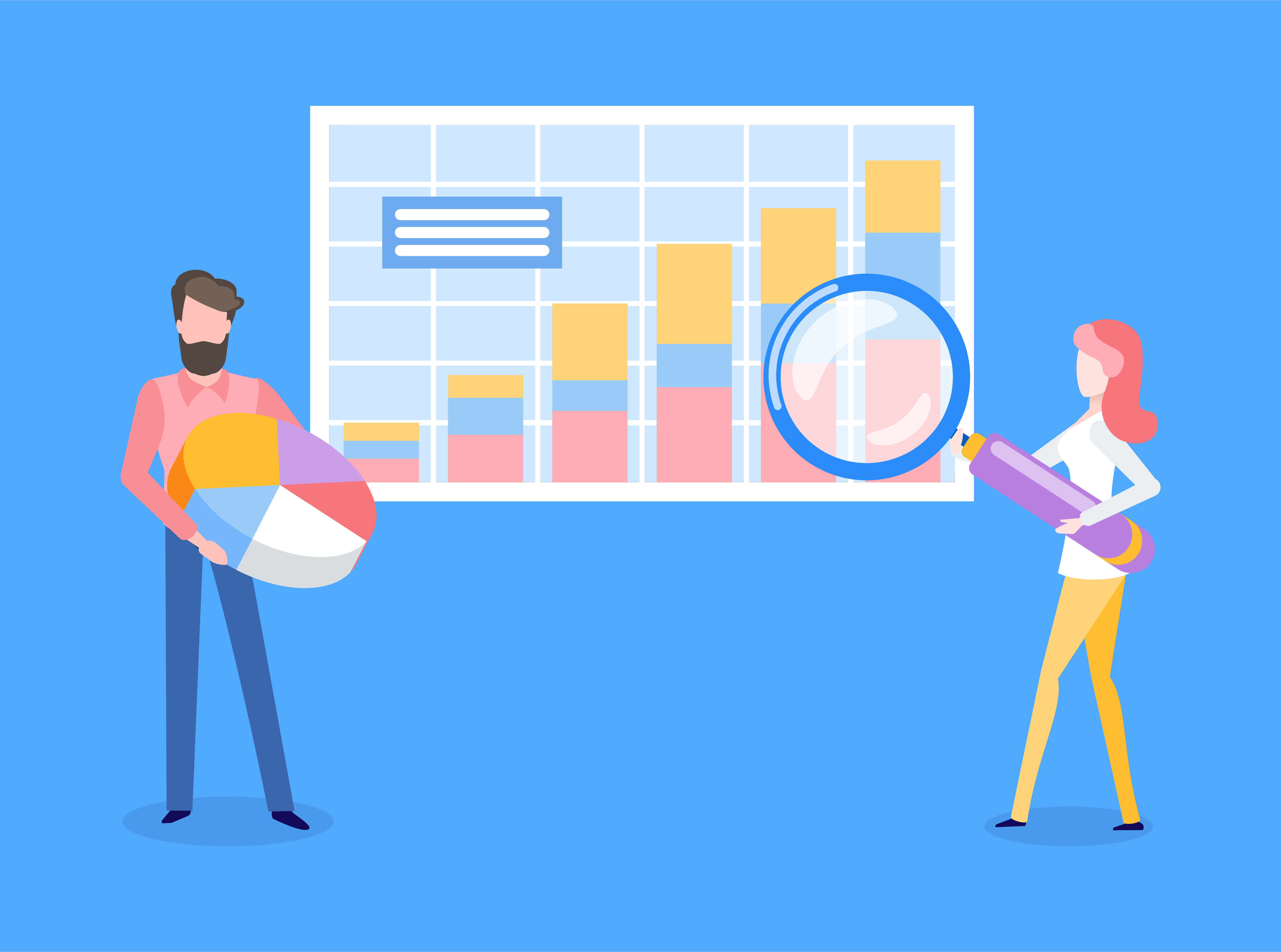 People working on business analysis on data vector. Flowchart on presentation presented by man and woman, male worker holding pie diagram, lady with glass. Man and Woman with Infographics on Board Analyze