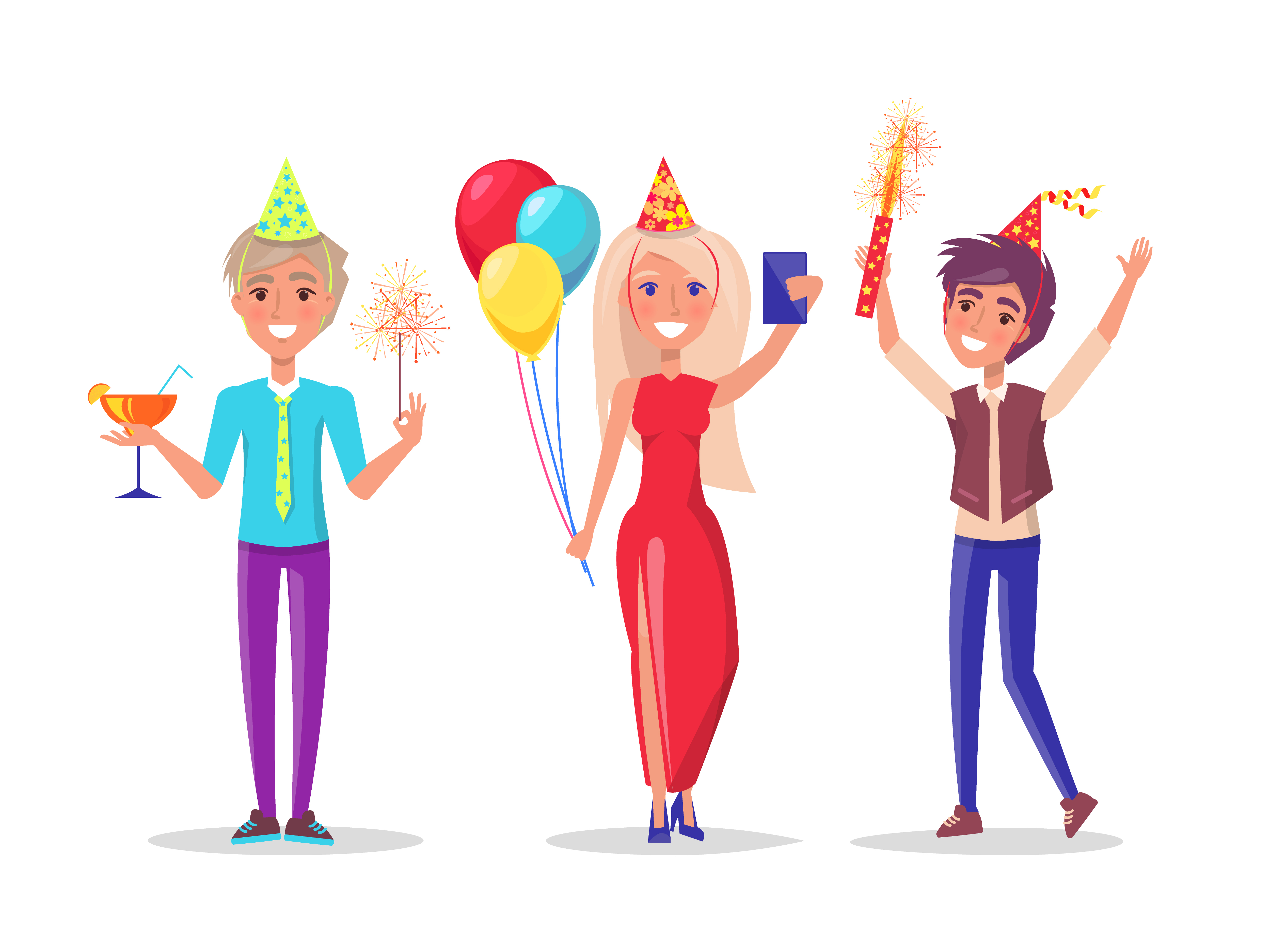 Cartoon characters man and woman celebrate birthday party. Male with sparkler and cocktail, female making selfie, colleague in festive hat vector isolated. Cartoon Characters Man, Woman Celebrate Birthday