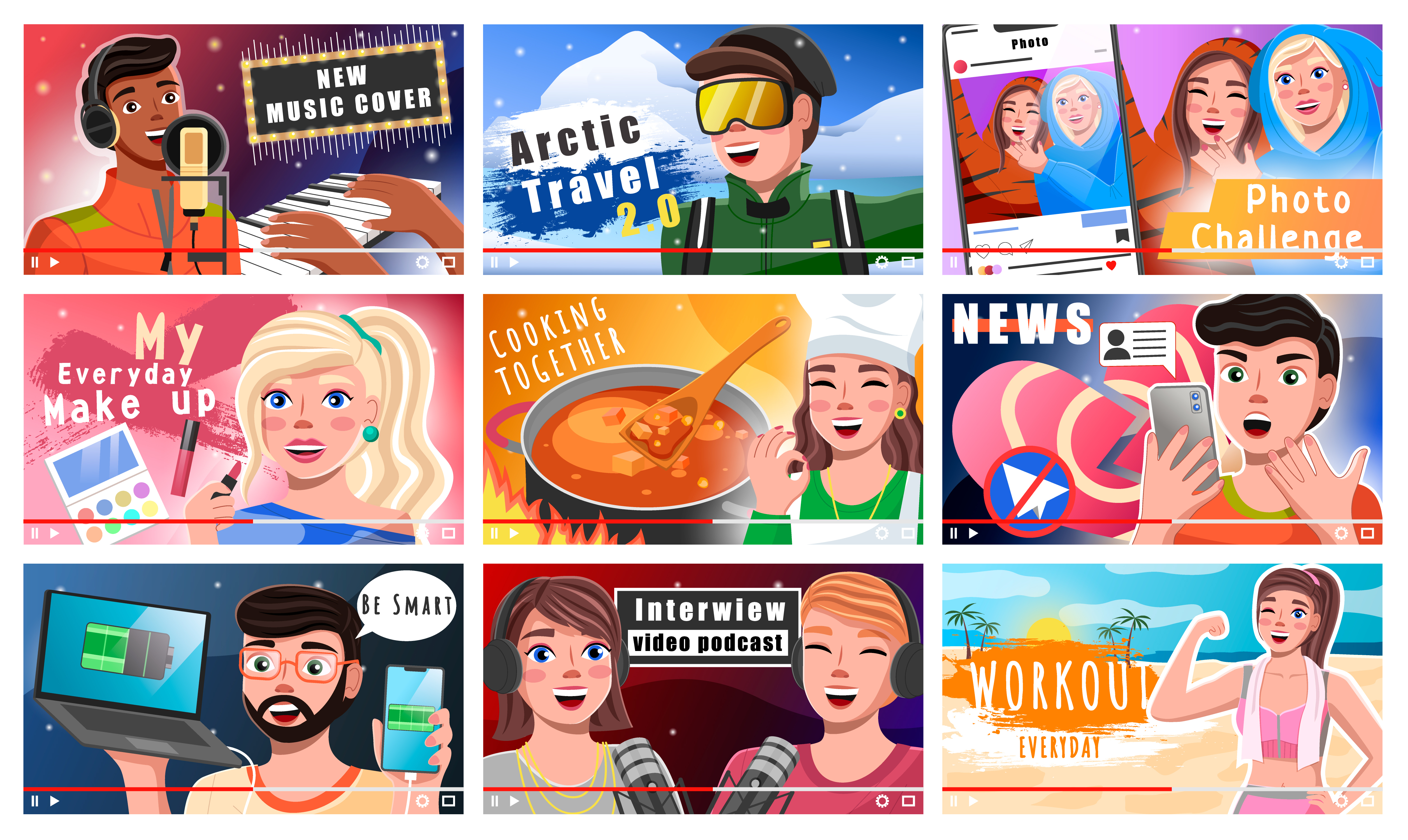 Set of vlogs of video bloggers on different topics. Culinary and travel show, fashion and beauty tutorial, interview podcast with stars. Working out motivation and thoughts of news vector illustration. Video Bloggers Broadcasting Vlogs and Thoughts