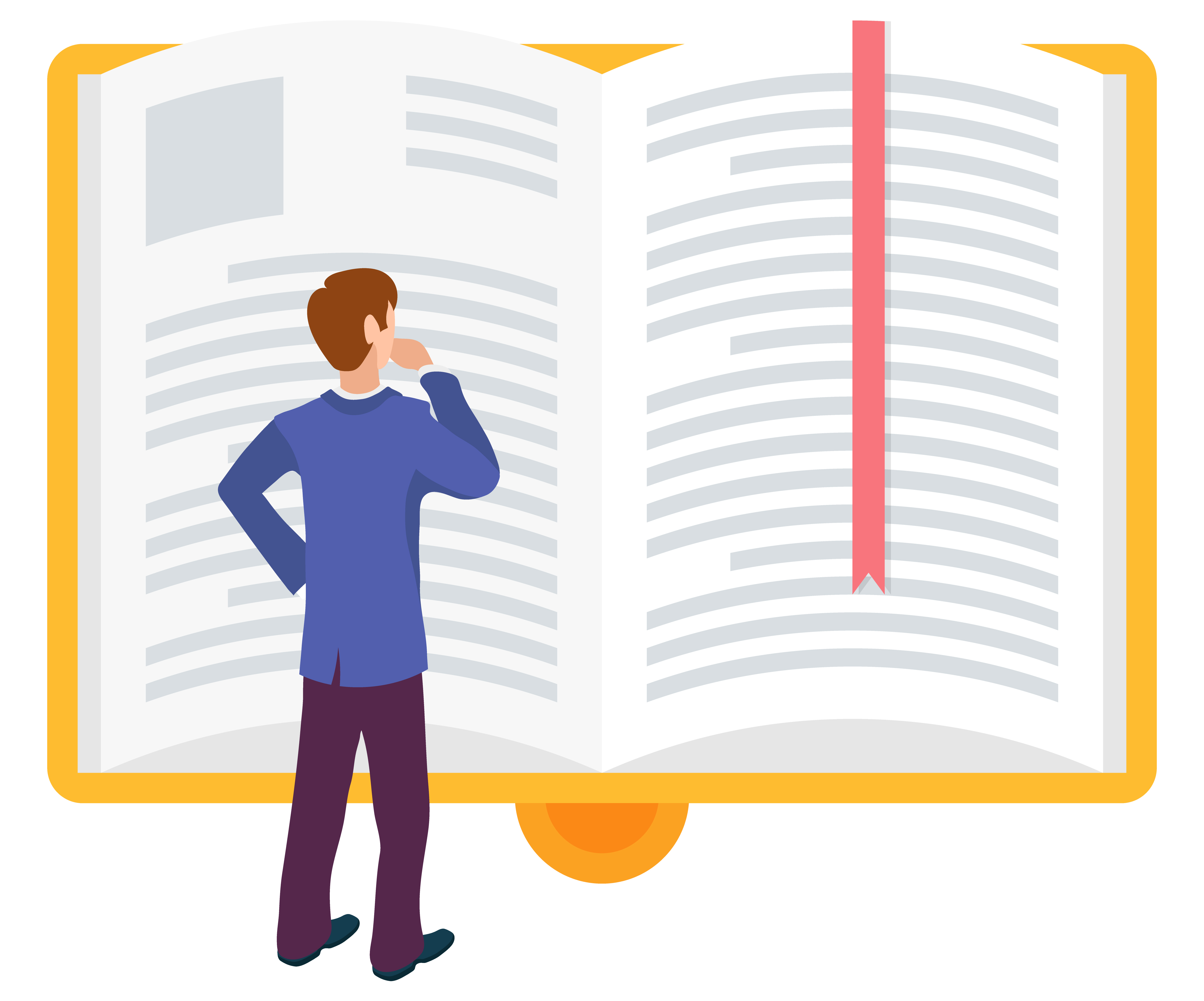 Business education. Learning man vector, isolated character with big book and bookmark looking at page. Male studying new subjects, thoughts of new material education. Man Looking at Book Pages and Thinking Vector