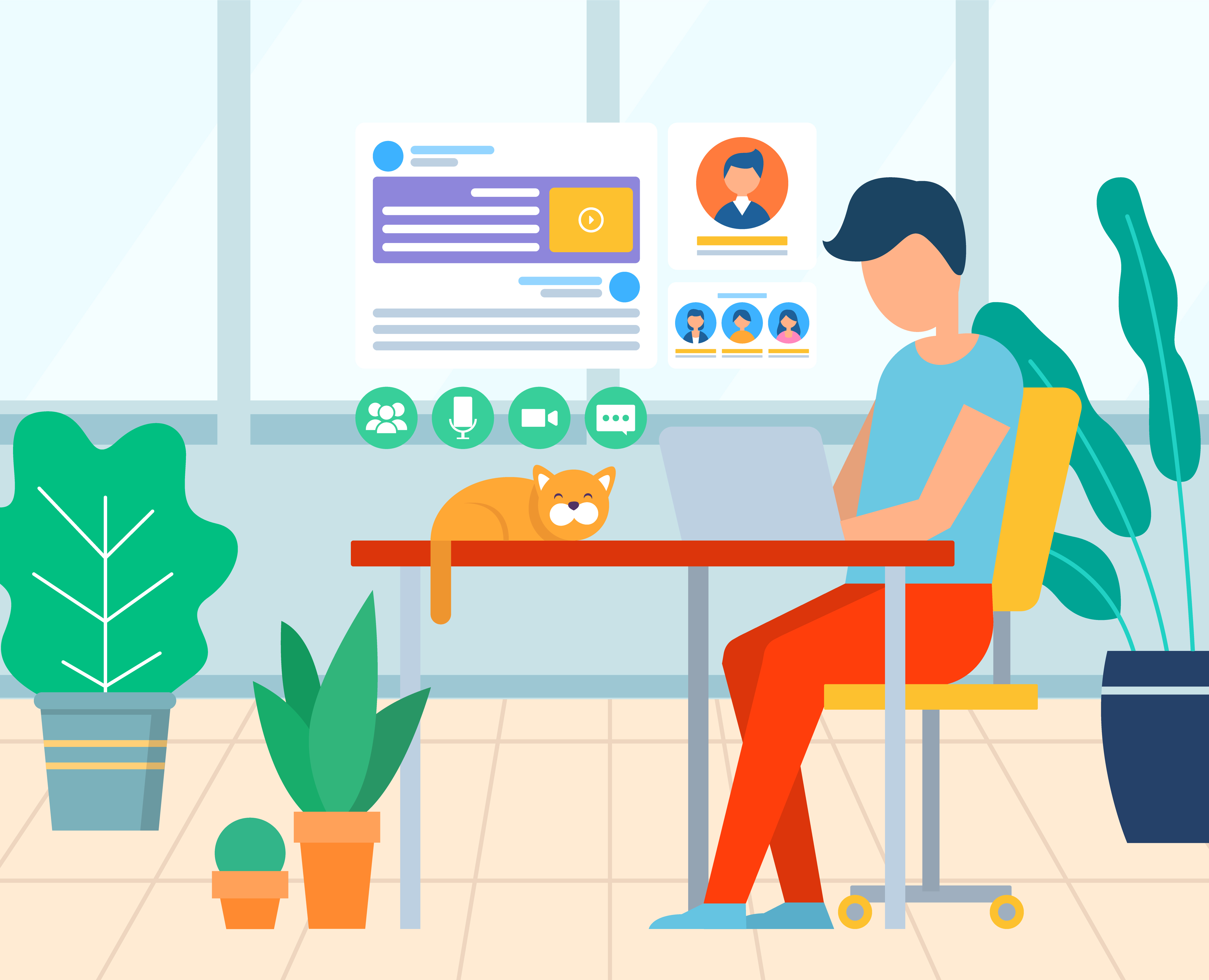 Worker communication with laptop, screen of social network. Business workplace with cat on table and houseplant, employee working with computer vector. Business Workplace with Computer and Cat Vector
