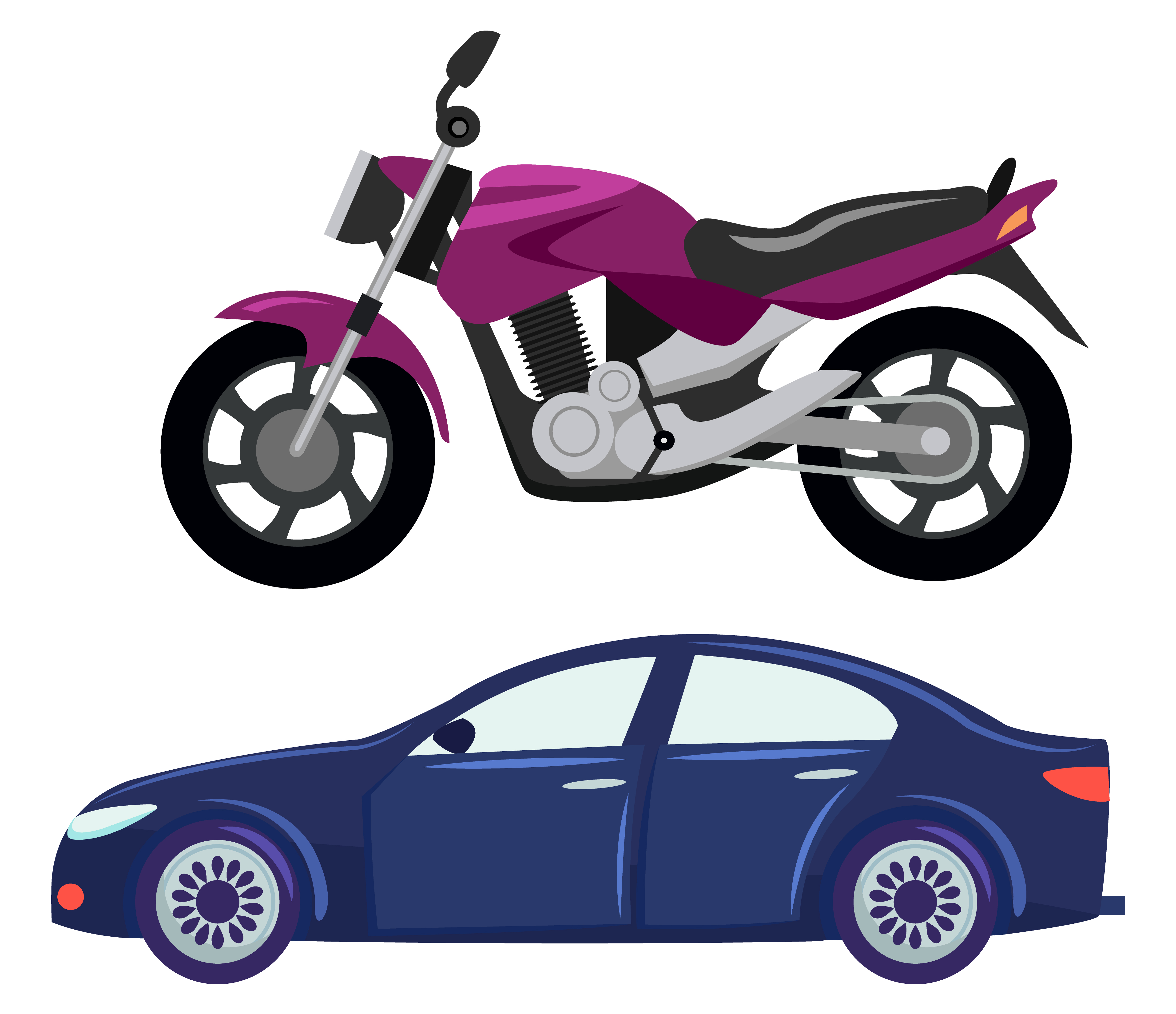 Sport car vector isolated transportation. Vehicle transport of cool modern type and shape. Motorbike and bike with seat, lorry. Buy new car and moto bike. Flat cartoon. Sport Car and Motorbike, Vehicle Transport