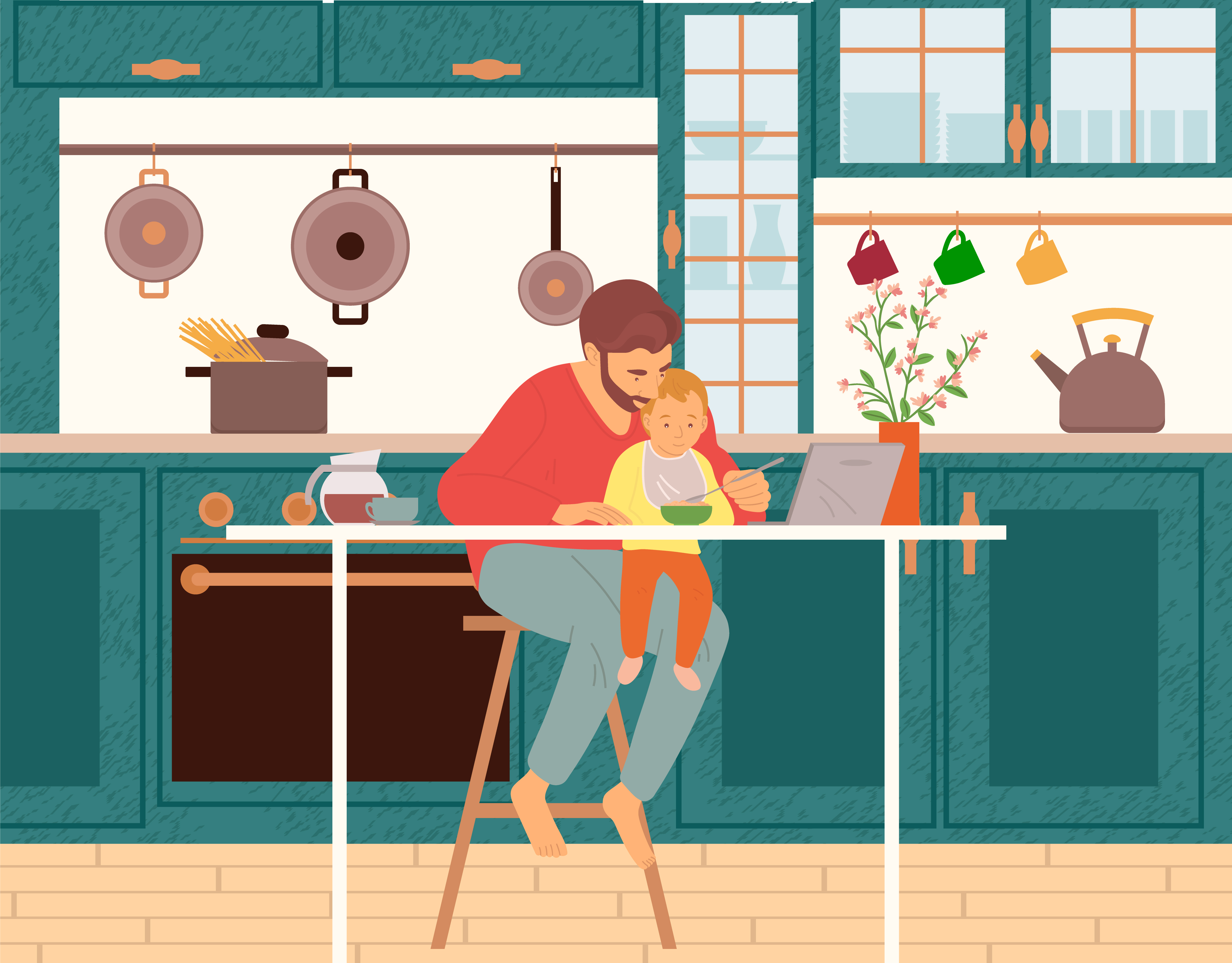Freelancer working on laptop and feeding child in kitchen. Male character holding baby on laps looking at screen of computer. Interior of room with stove, kettle and utensils kitchenware vector. Father Feeding Child While Working in Kitchen