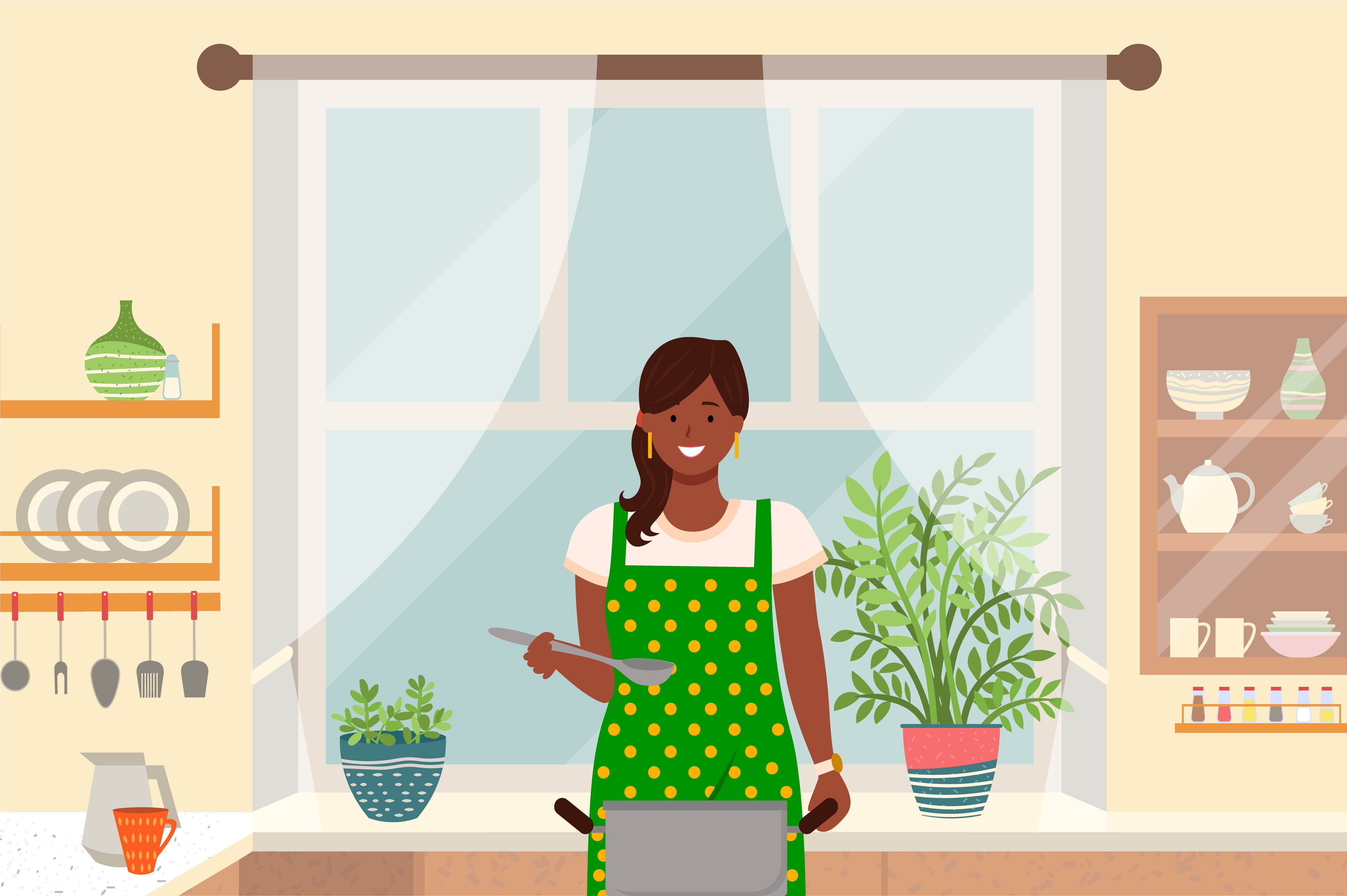 Woman stand by surface in kitchen at home. Lady boil soup in pan. Cozy room interior with big window, plants and shelves with kitchenware and plates. Vector illustration of cooking in flat style. Woman Cooking in Kitchen at Home, Cozy Interior