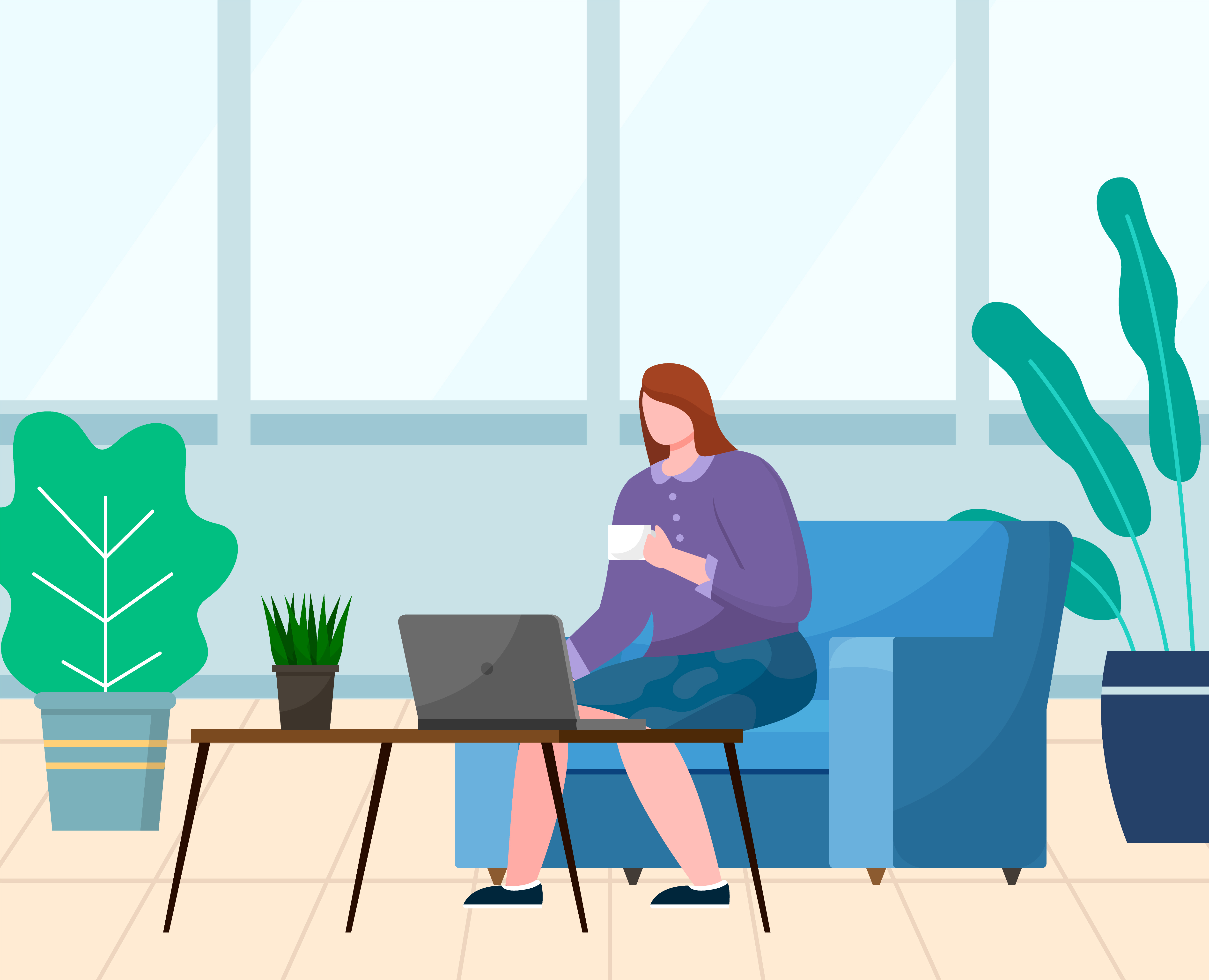 Young woman sit on sofa and work on computer alone, cozy workplace. Lady drink coffee or tea on break. Room interior with plants and big window. Vector illustration of relax place in flat style. Woman Work on Computer and Drink Coffee on Break