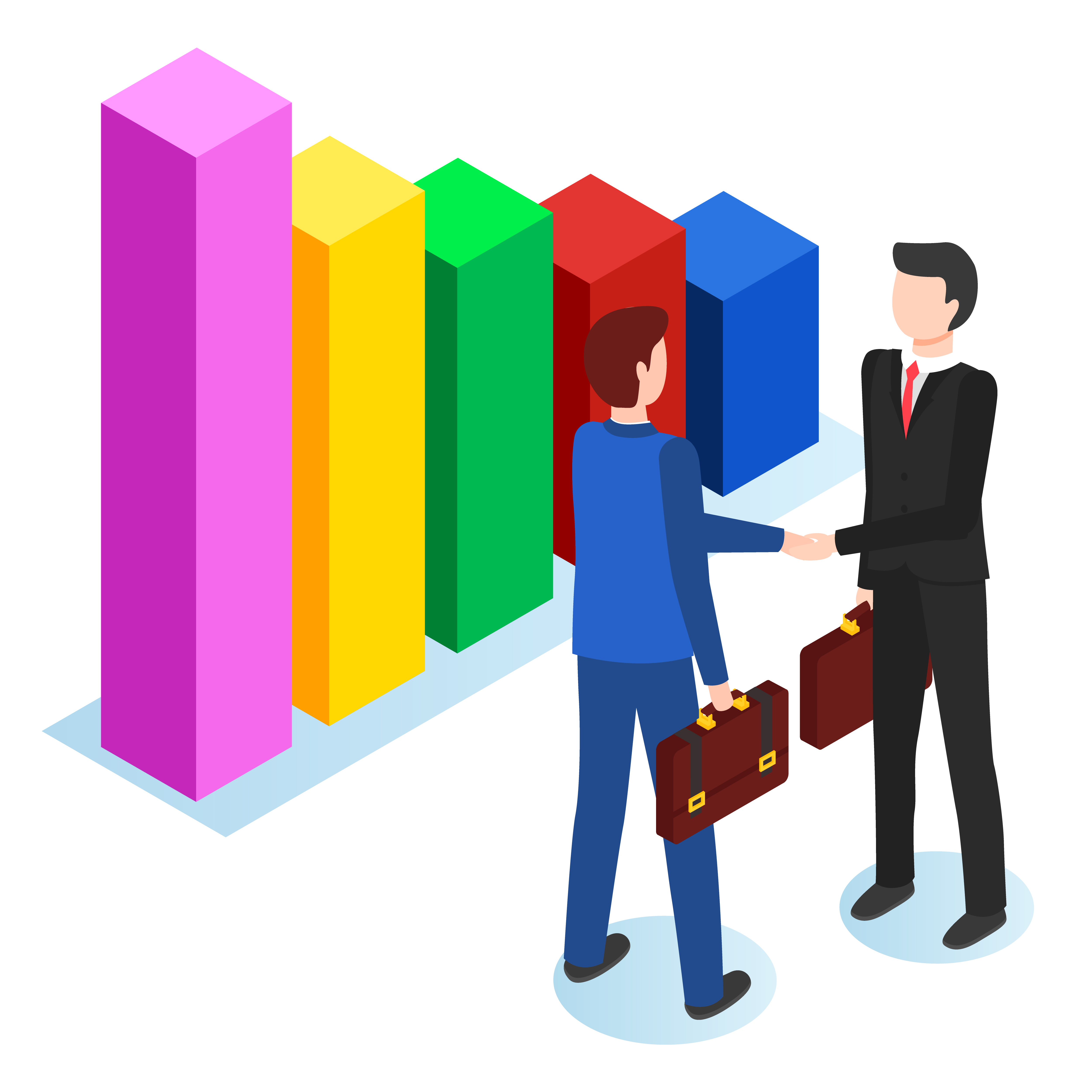 People at meeting shaking hands. Isolated characters and infocharts, formal conference of businessmen. Collaboration of personages working in company. Colleagues at work, vector in isometric 3d. Partners on Meeting, Businessmen and Infochart