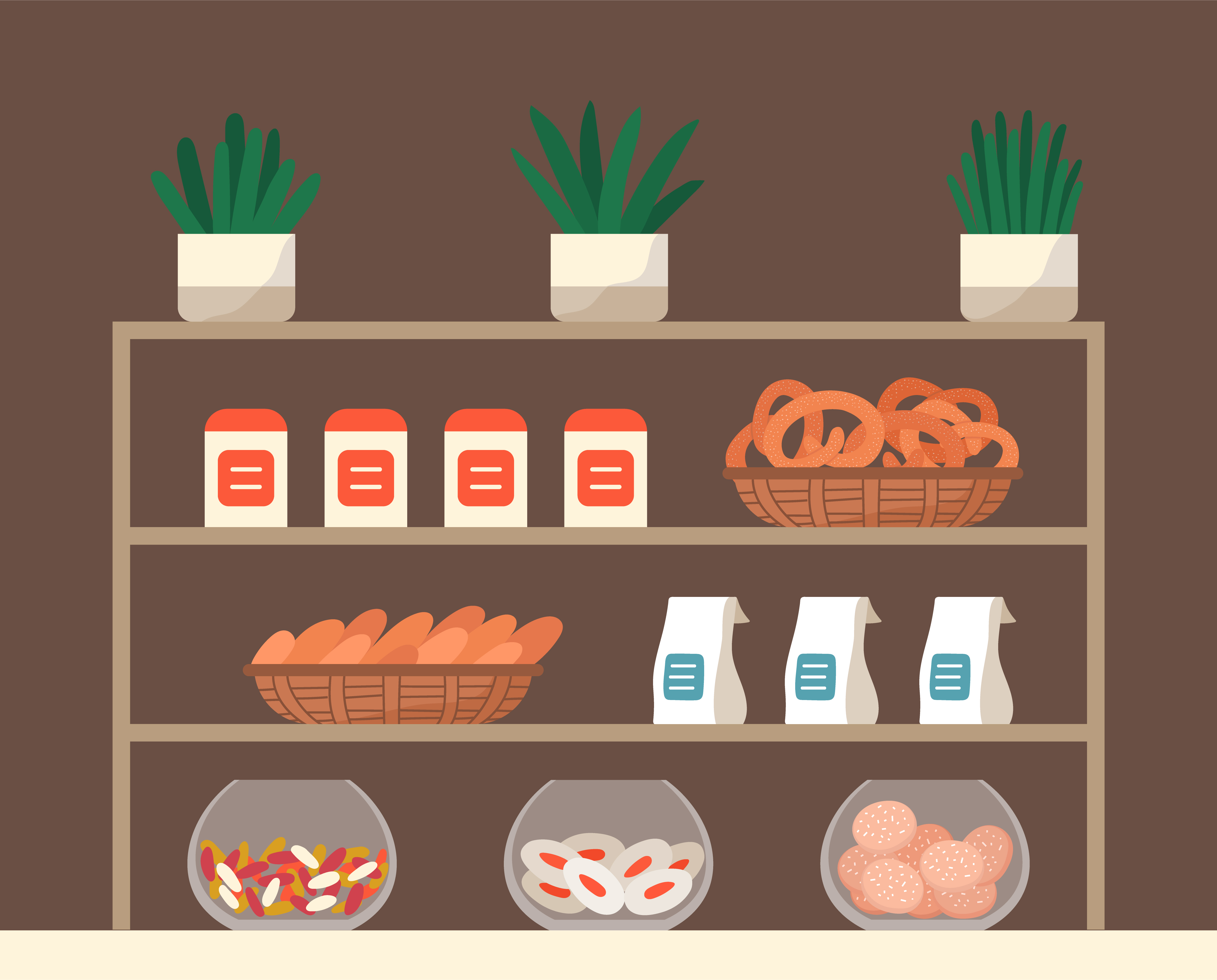 Showcase with confectionery inside. Biscuits, cookies and candies on rack in market or bakery. Delicious pastry on stand, tasty pretzels and kringles. Vector illustration of sweeties in flat style. Showcase with Pastry Like Cookies and Candies