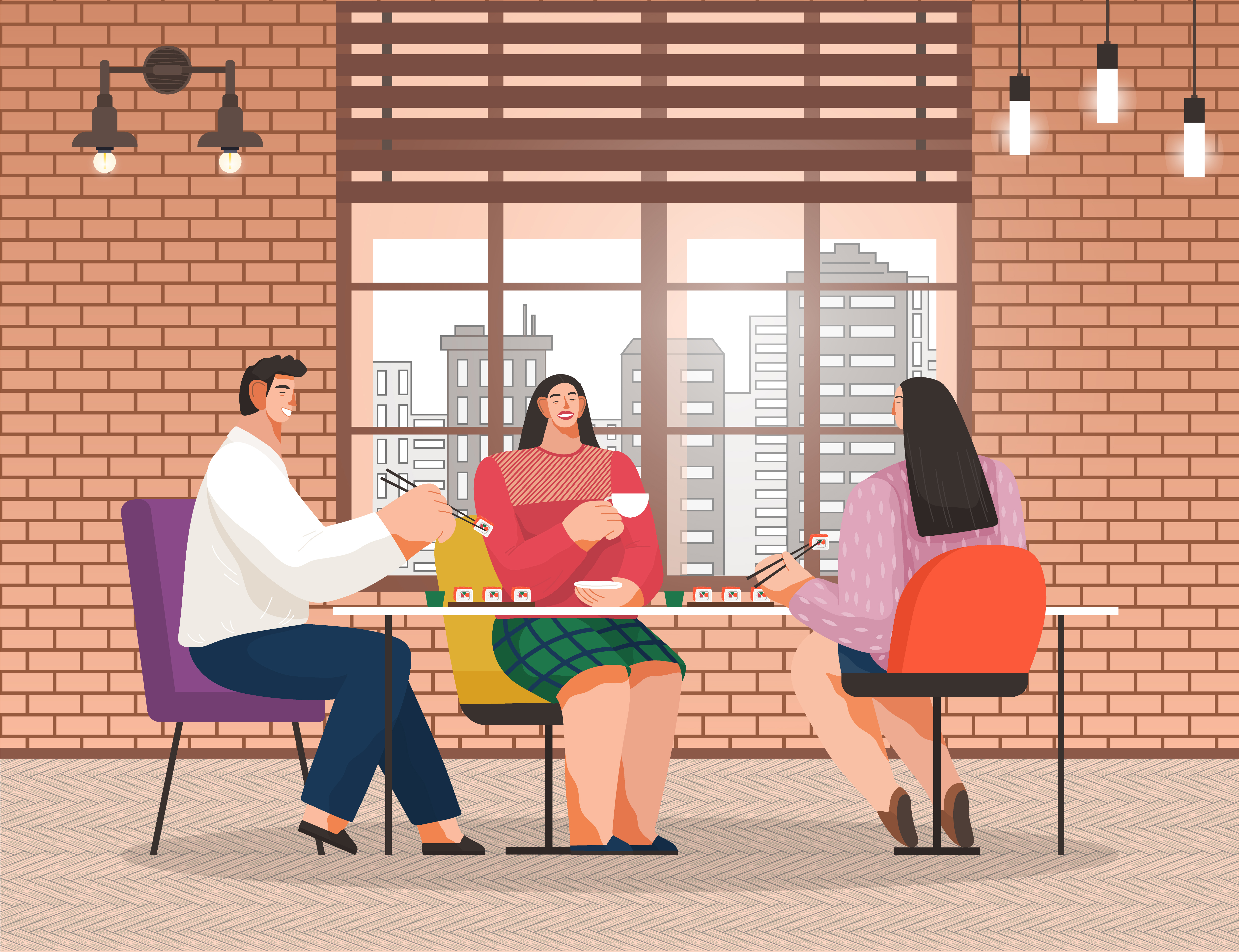 People eating sushi in japanese restaurant. Friends on meeting or break in cozy place. People talking with each other. Cafe interior with big window with urban landscape. Vector illustration in flat. Friends Eat in Japanese Restaurant, Cafe Interior