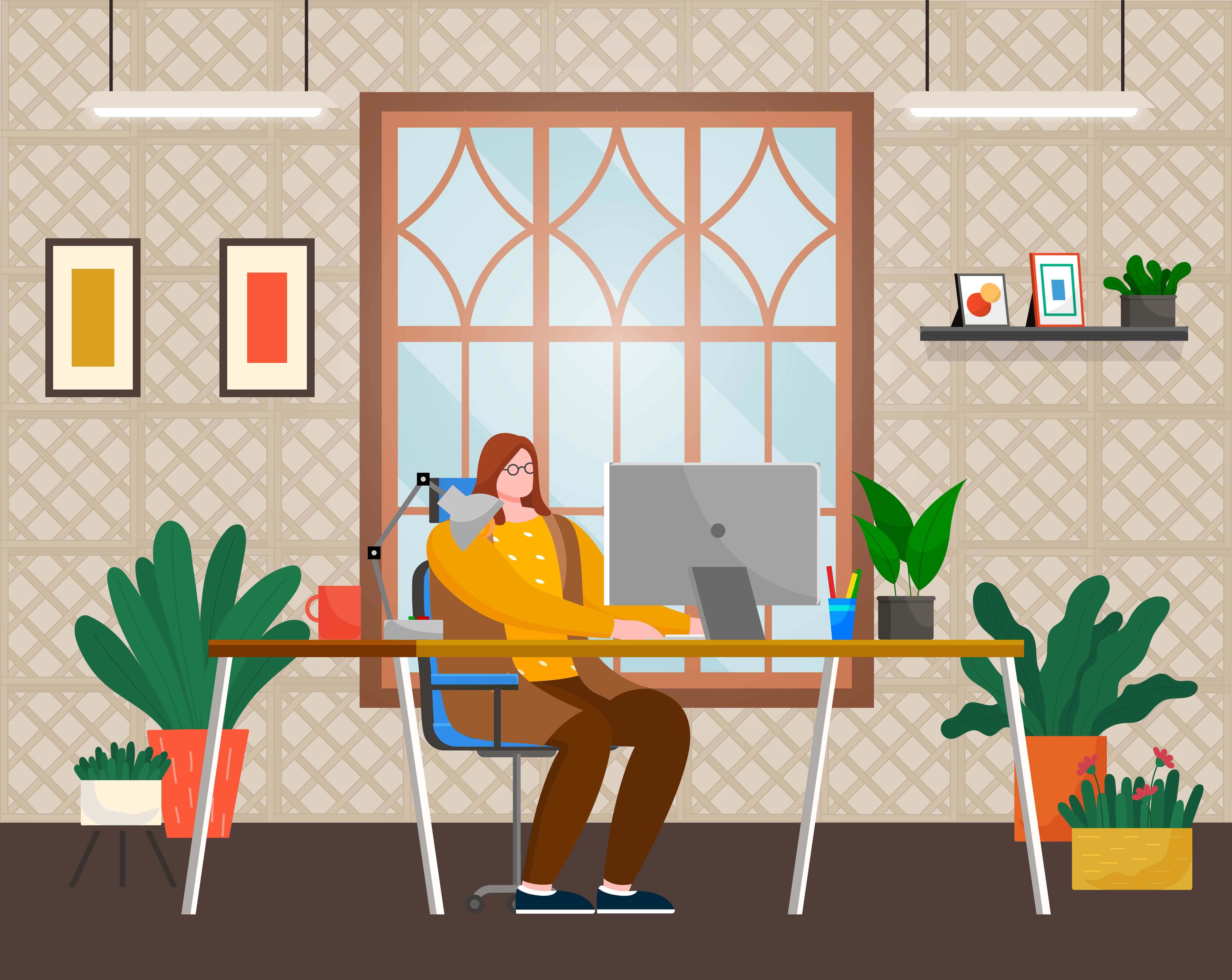 Worker using computer on workplace in office or at home. Female typing in pc wireless device sitting at table with cup, pan and lamp symbol near window. Employee looking at laptop indoor vector. Employee Woman Working with Computer Indoor Vector