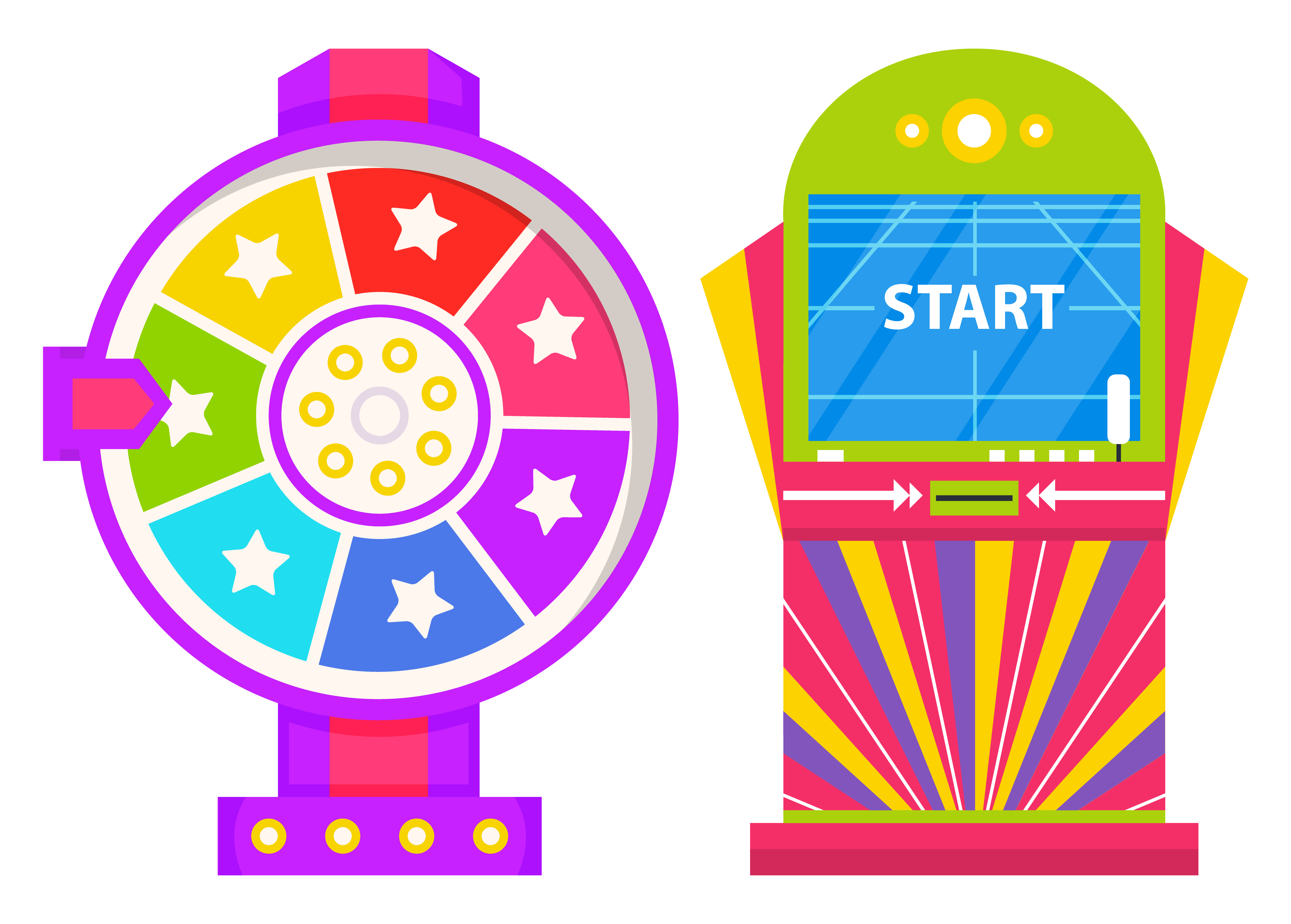 Gambling fortune wheel vector, isolated game machine with screen saying start. Casino online, flat style devices with reward and spirit of competition. Playing on money and winning victorious tokens. Start Playing on Game Machine, Fortune Wheel Set