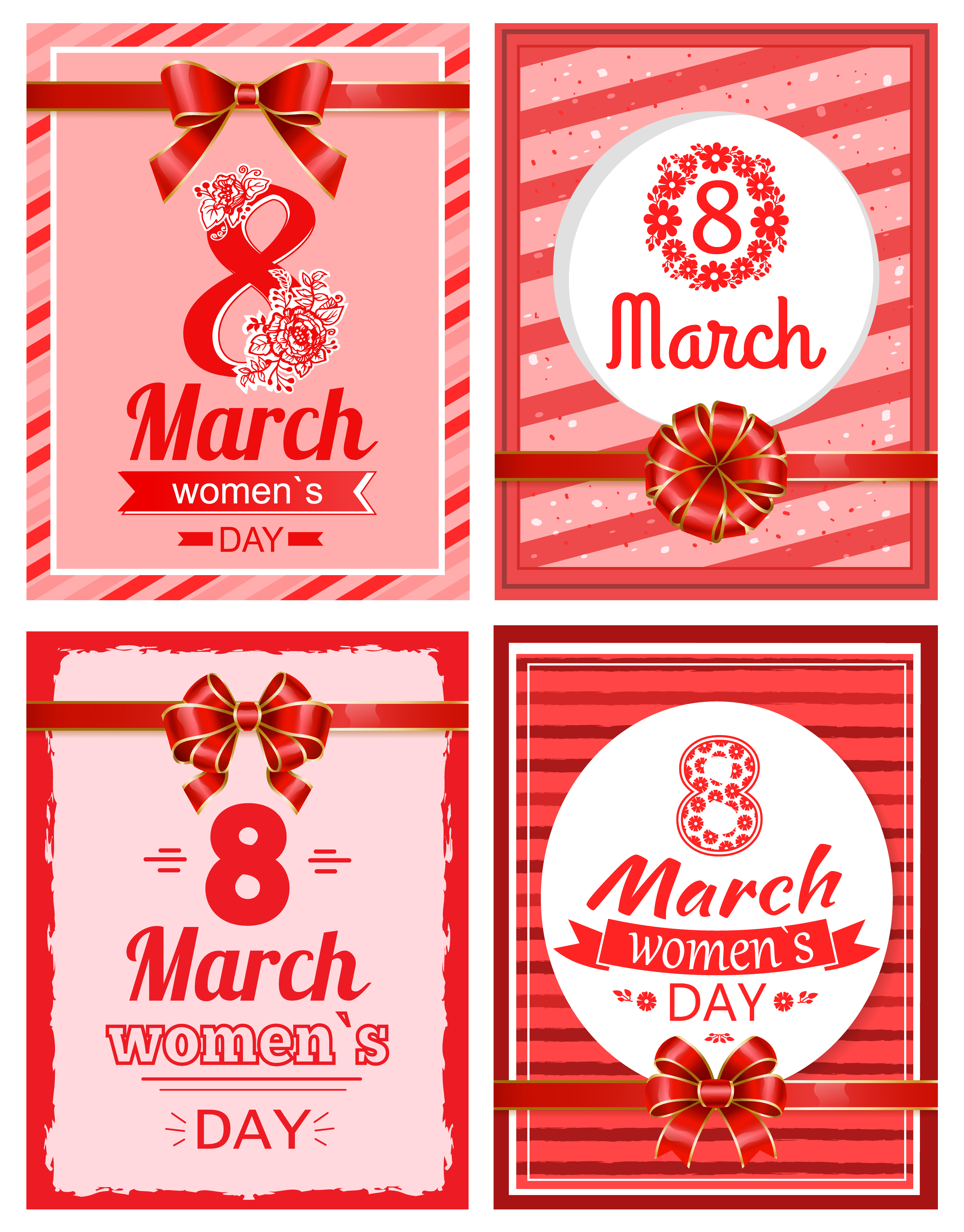 International womens day celebration, set of greeting cards in red color. Congratulations on spring holiday. 8 March congrats, postcard templates decorated with ribbon bows and stripes, vector. Womens International Day, Greeting Cards Vector