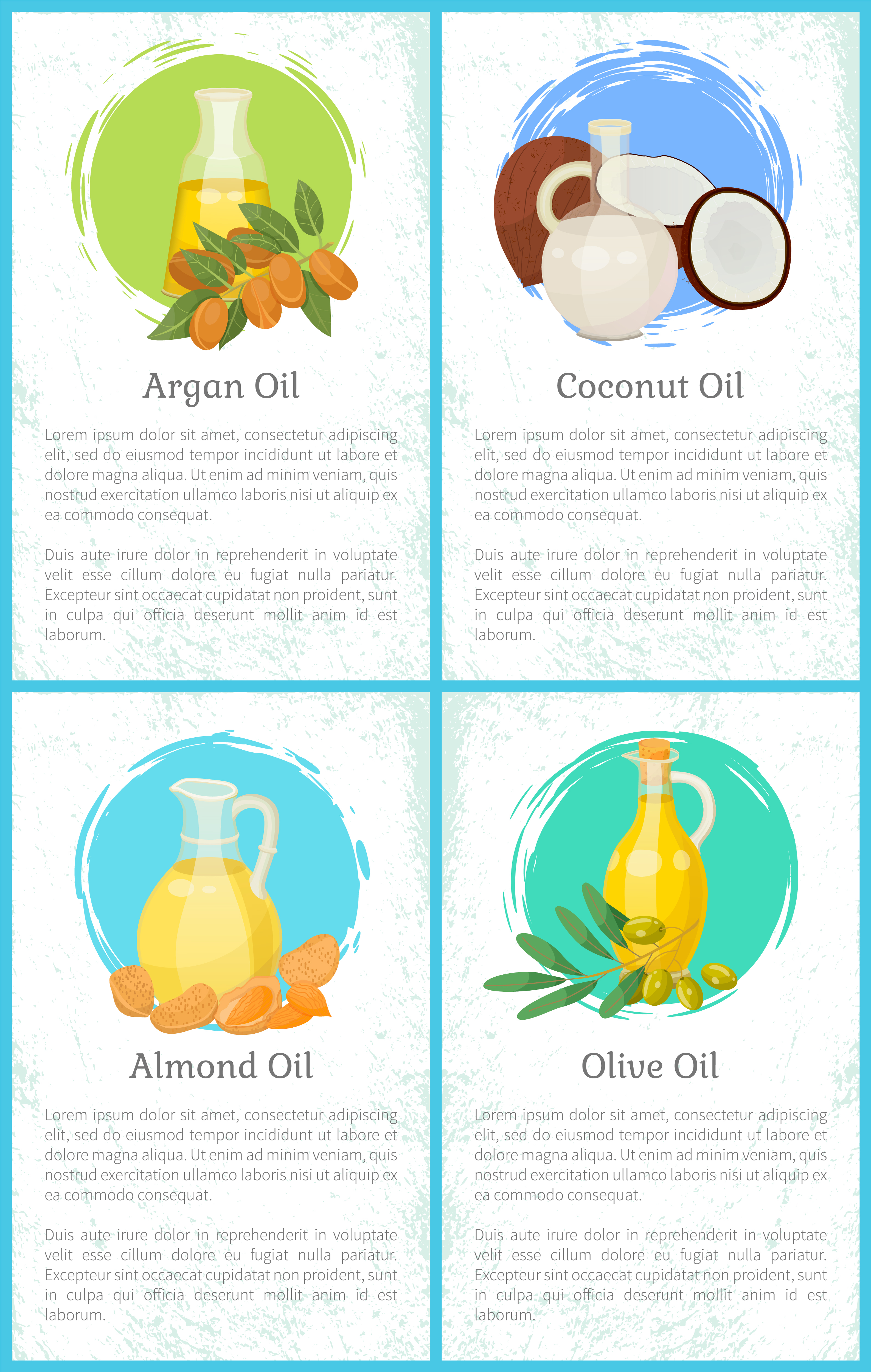 Set of pictures of organic liquids and information about it. Glass bottles with olive and almond, coconut and argan oils. Plants like nuts and drupes near bottles. Vector illustration in flat style. Olive and Almond, Coconut and Argan Oils in Vessel