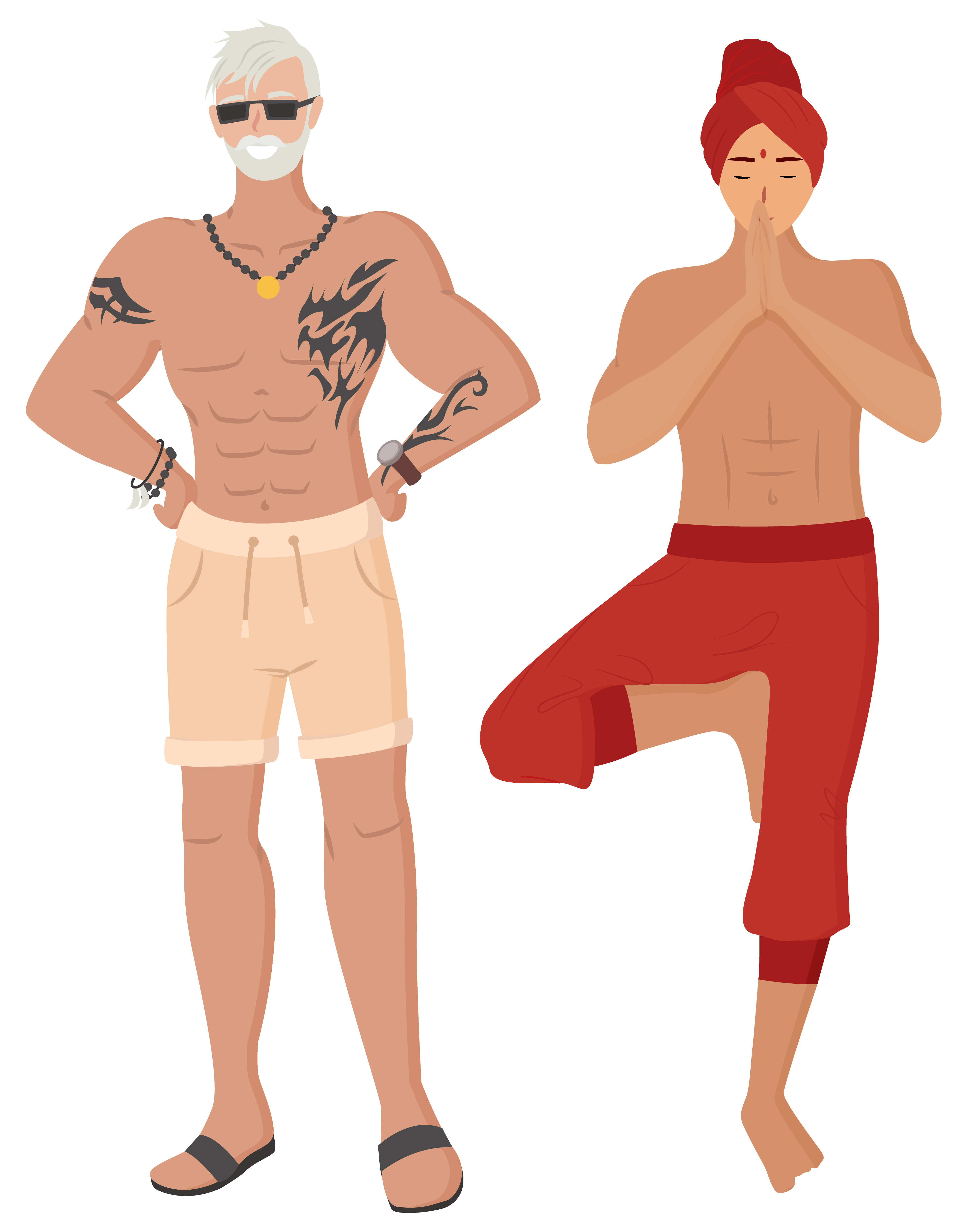Indian man posing, yoga technology, smiling fit male with tattoos on body. People ethnicity, meditate and posing person, human character standing vector. Fit People, Indian Man, Male with Tattoos Vector