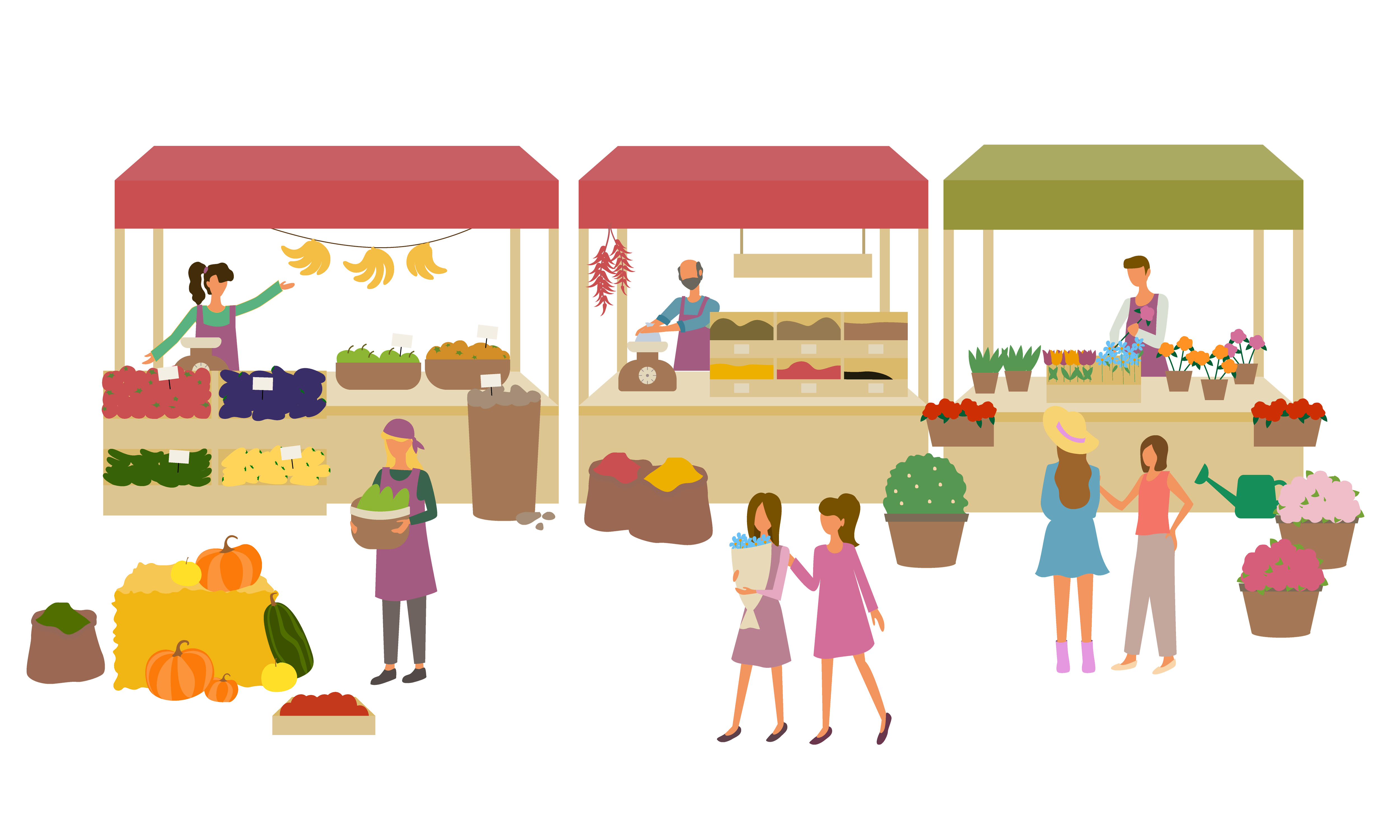 Marketplace with vegetables and fruit, spice and flowers. Products retail, apple and tomato, kitchen herbs and bouquet, shopping or marketing vector. People Buying Flowers, Products and Spice Vector