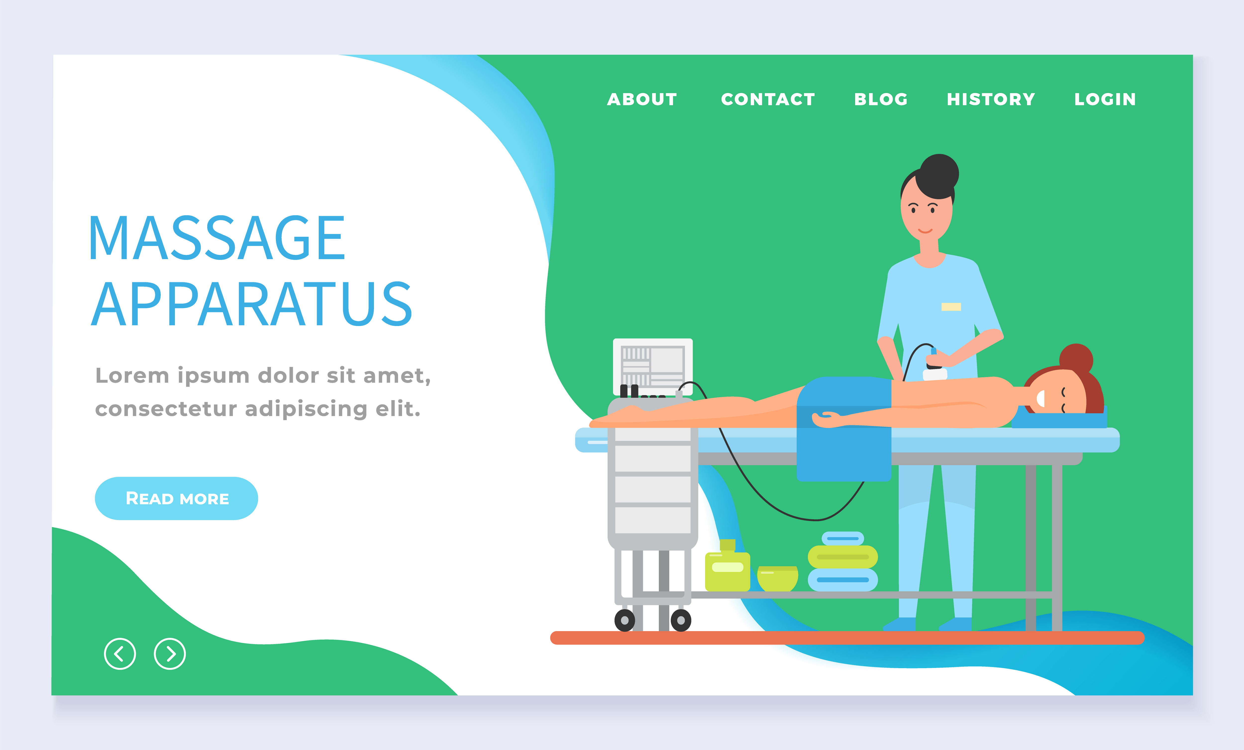 Apparatus massage therapy spa website template. Professional therapist making skincare procedure on woman back. Female lying on table with towel in salon. Website or landing page flat style vector. Massage Therapy Spa Procedure Landing Page Vector