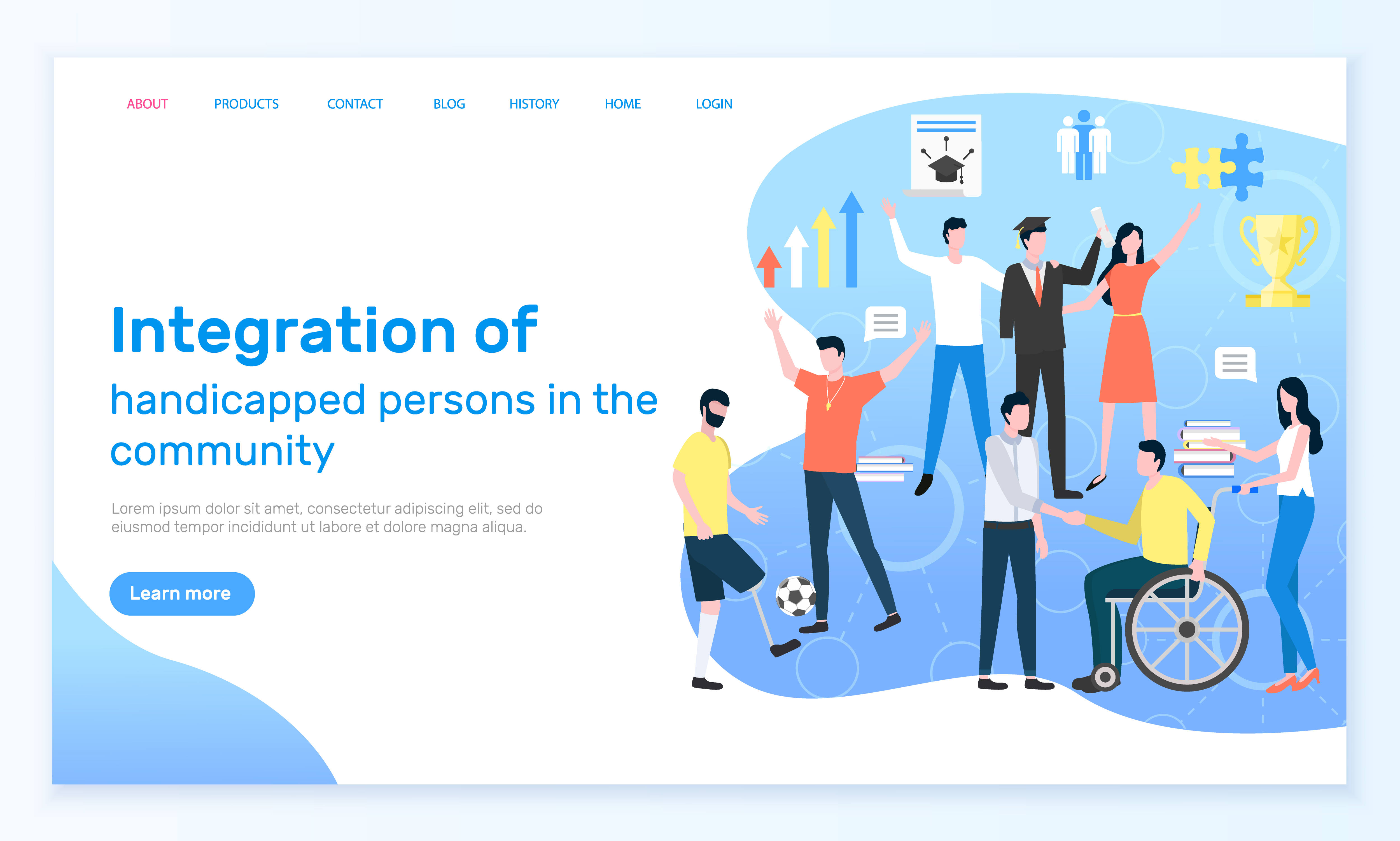 Integration of handicapped people in community, disabled person sitting in wheelchair. Young man playing football with coach. Man gaining diploma. Website or webpage template, landing page vector. Integration of Handicapped People in Community
